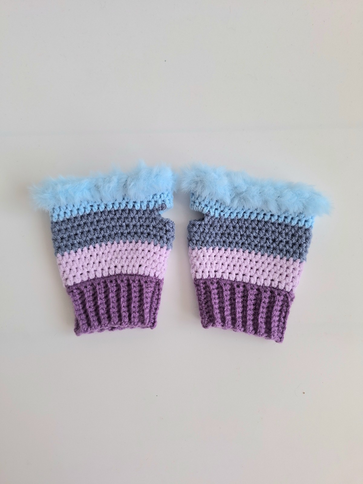 Gehaakte handschoenen - gehaakte vingerloze handschoenen | Paars, lila, denimblauw en lichtblauw