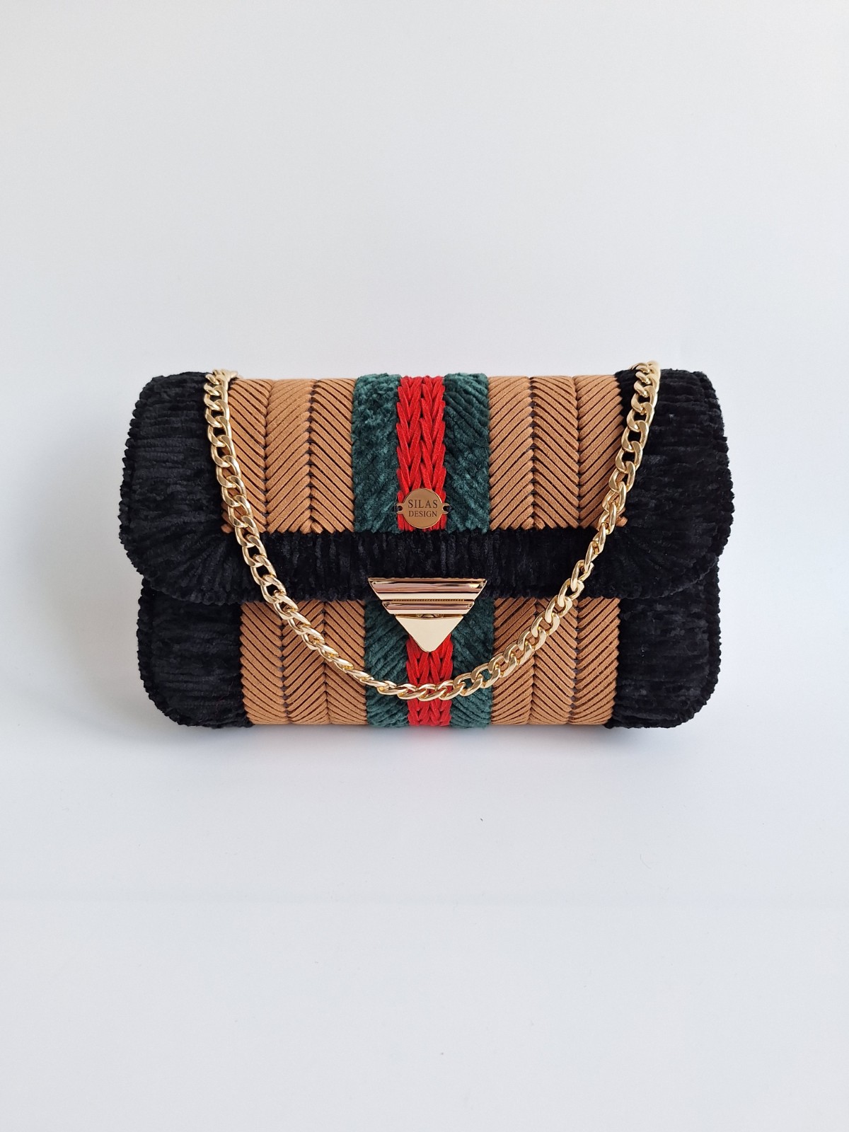 Geweven crossbody tas | Lichtbruin, donkergroen, rood en zwart