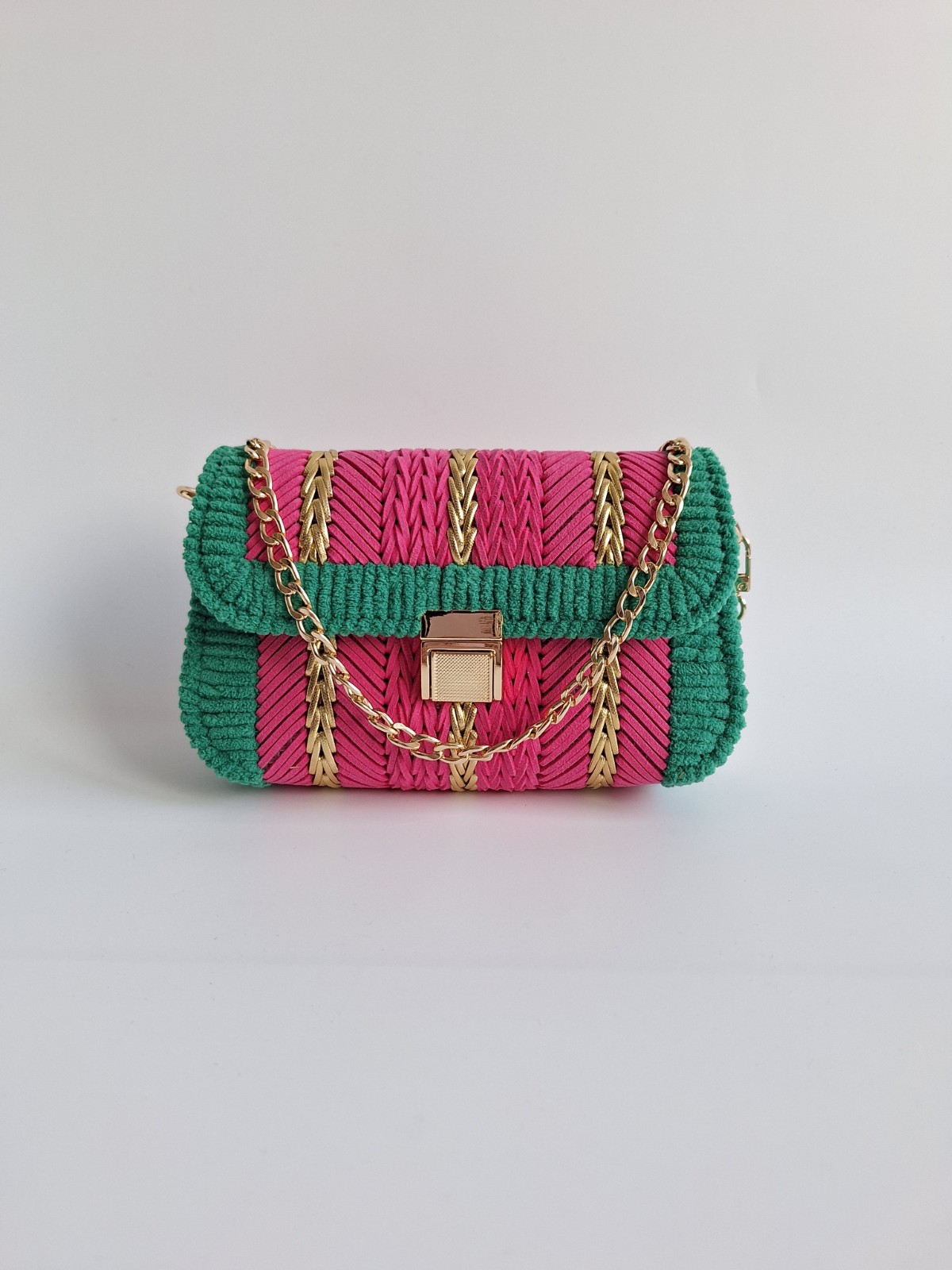 Geweven crossbody tas | Roze, groen en goud