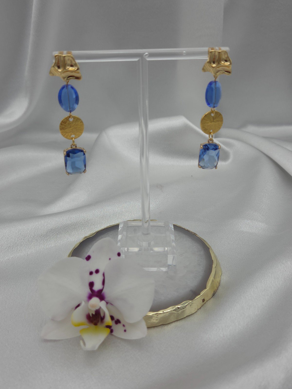 Statement oorbellen met kristalglas - blauw