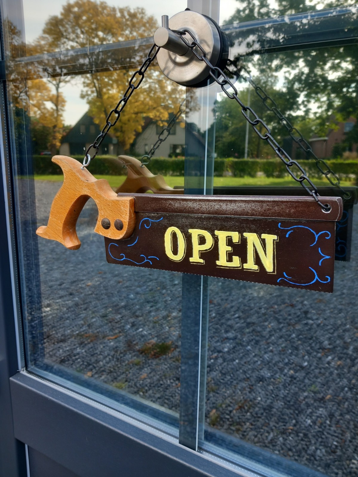 Upcycled vintage metalen zaag –  Open / Closed winkel bord