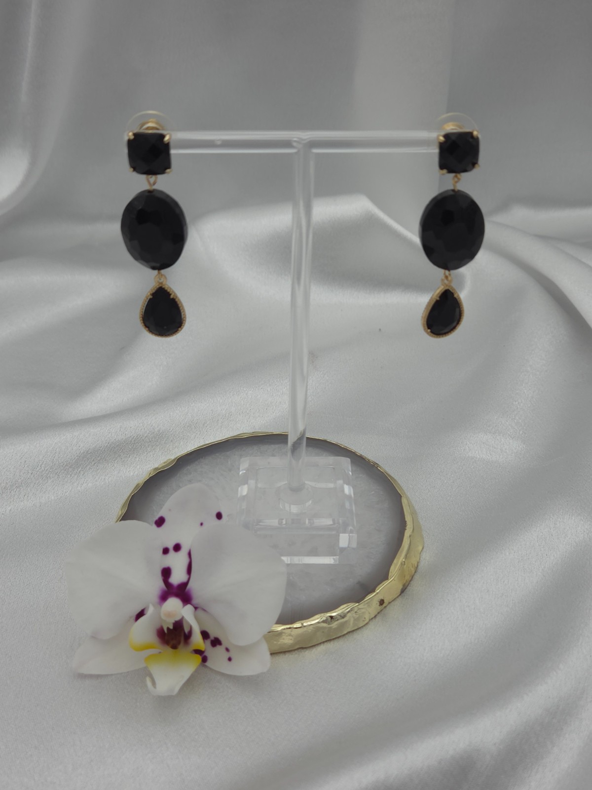 statement oorbellen met facetgeslepen kristalglas - goud/zwart