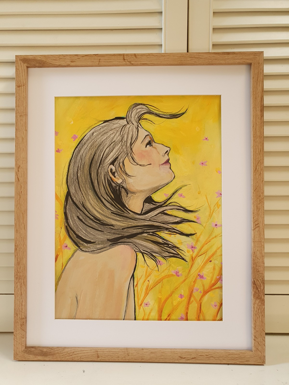 Kunstprint A3 – Dromerig Portret van een Vrouw | Mixed Media Schild… - 107349 Kunstprint A3 – Dromerig Portret van een Vrouw | Mixed Media Schilderij in Geel & Oranje modern, figuratief. Mens, naakt