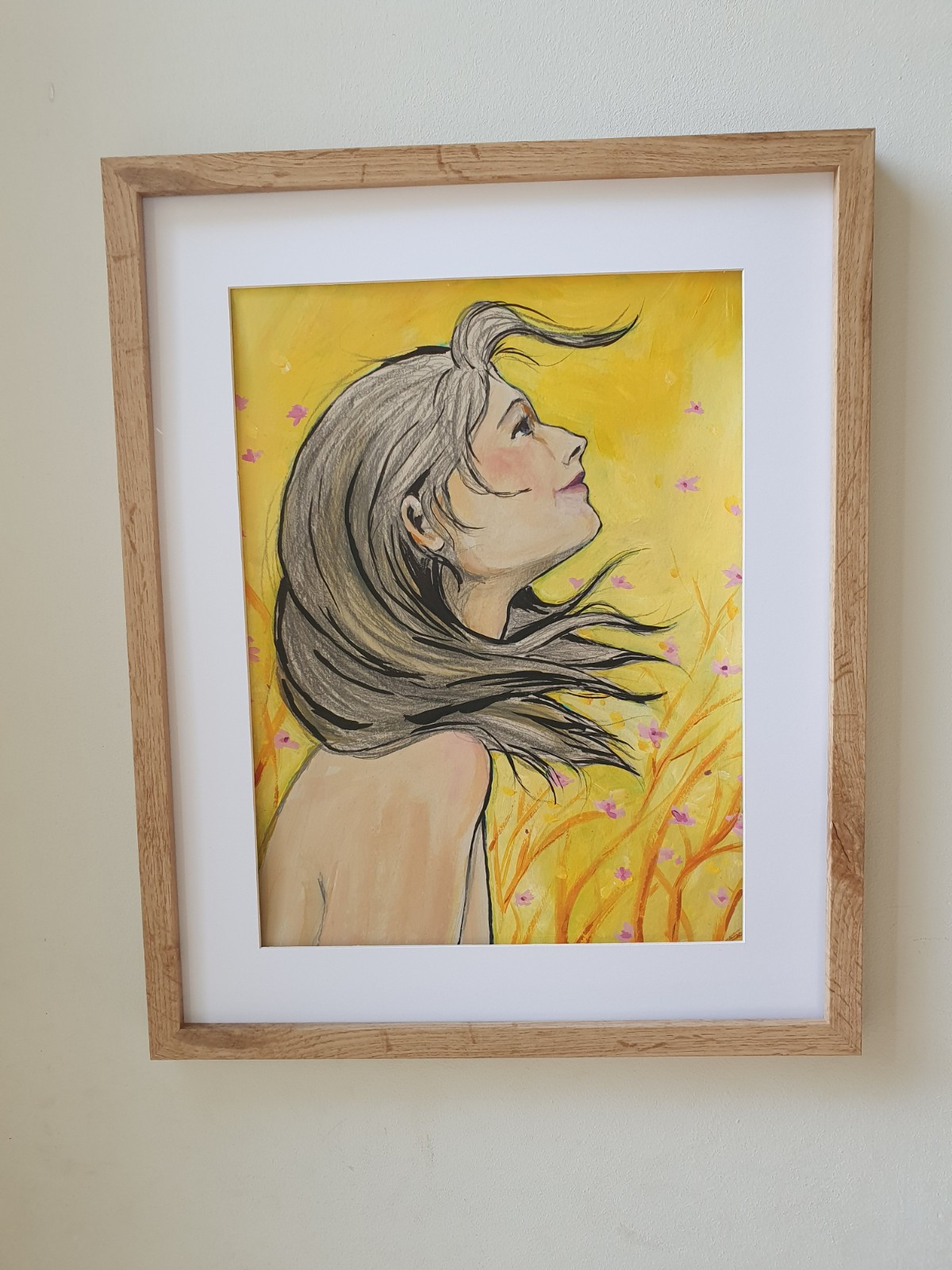 Kunstprint A3 – Dromerig Portret van een Vrouw | Mixed Media Schild… - 107350 Kunstprint A3 – Dromerig Portret van een Vrouw | Mixed Media Schilderij in Geel & Oranje modern, figuratief. Mens, naakt