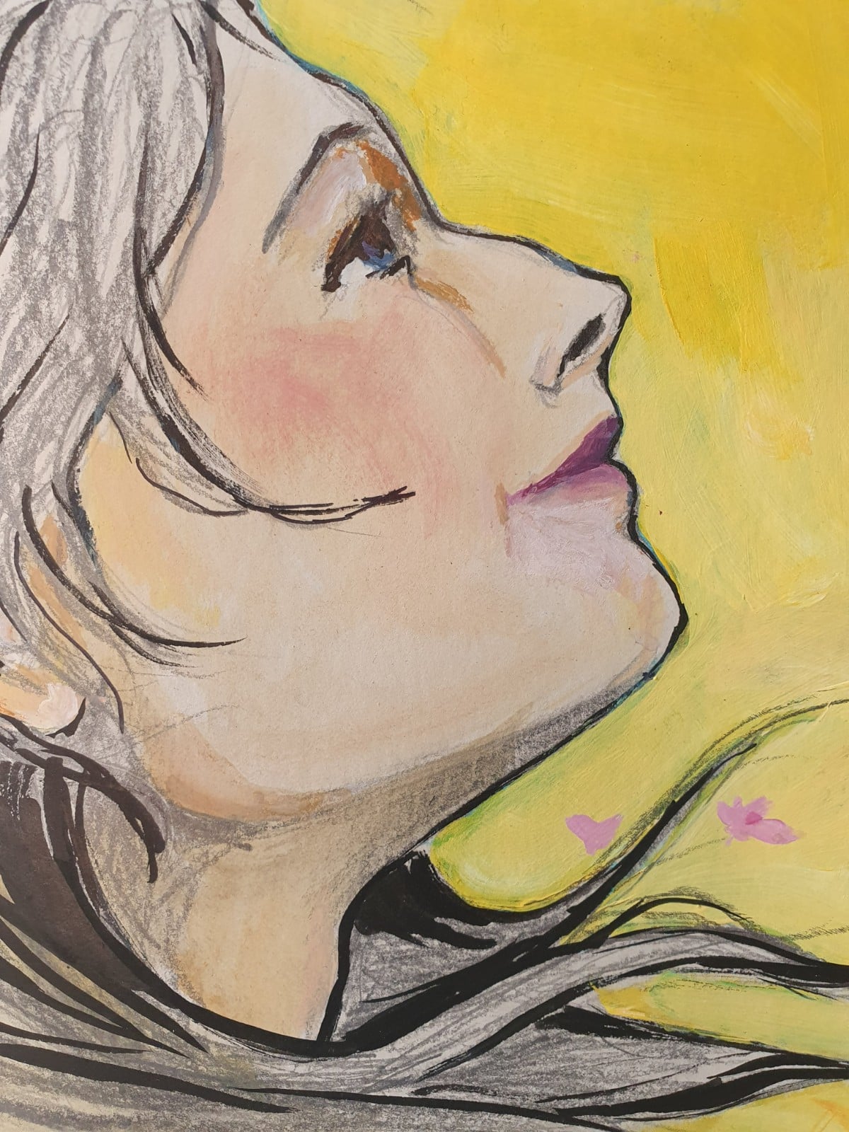 Kunstprint A3 – Dromerig Portret van een Vrouw | Mixed Media Schild… - 107353 Kunstprint A3 – Dromerig Portret van een Vrouw | Mixed Media Schilderij in Geel & Oranje modern, figuratief. Mens, naakt