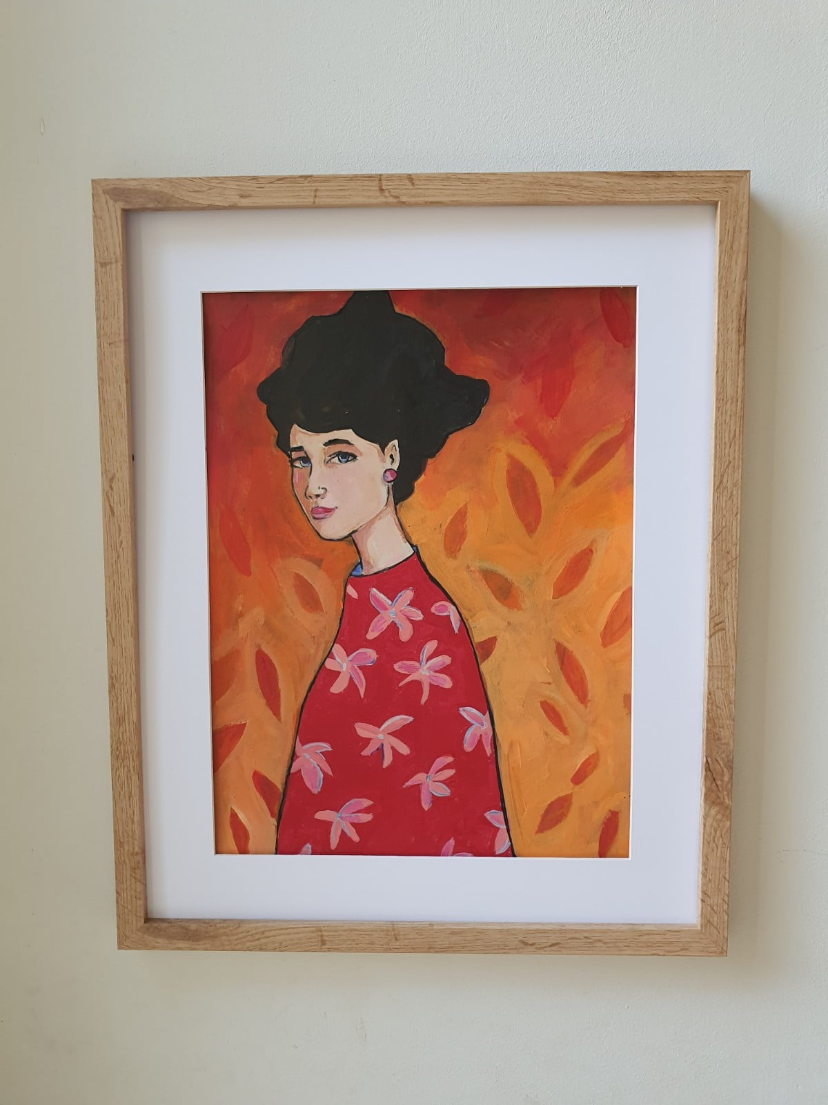 fire girl A3 Kunstprint – Vurig Vrouwenportret in Rode Tinten | Acryl Schilderij met Bloemenmotief