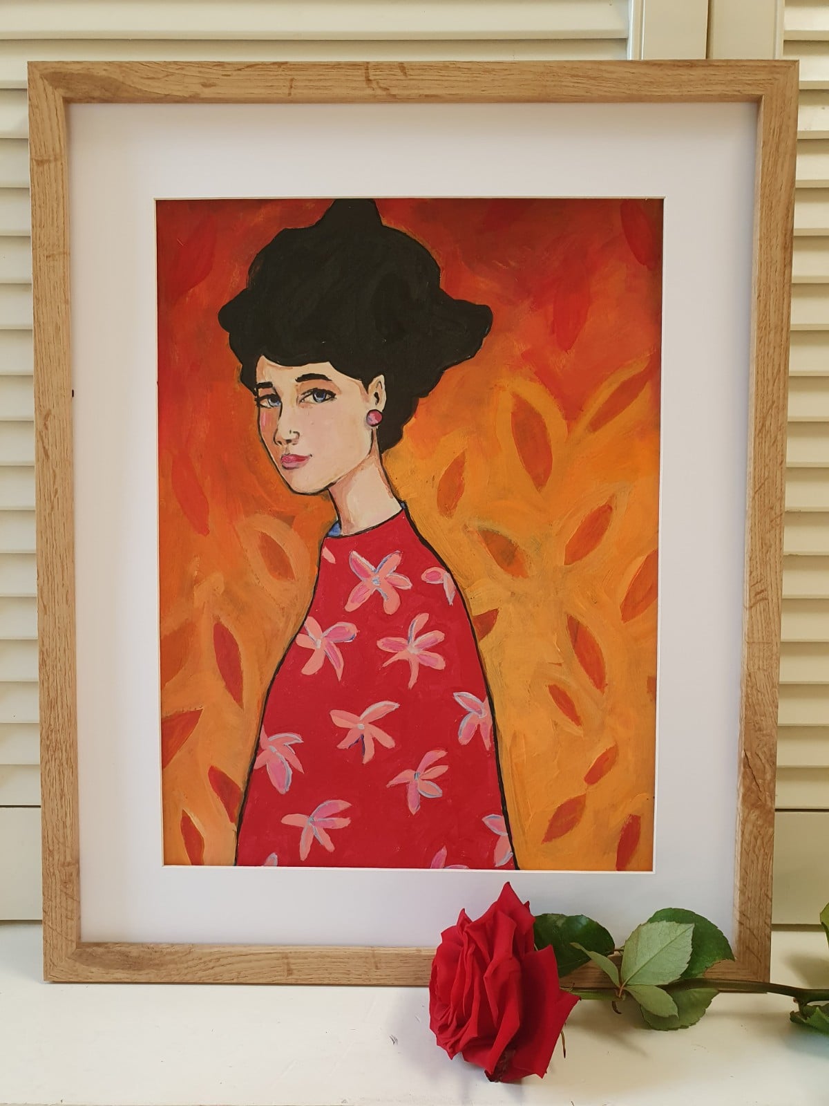 fire girl A3 Kunstprint – Vurig Vrouwenportret in Rode Tinten | Acryl Schilderij met Bloemenmotief