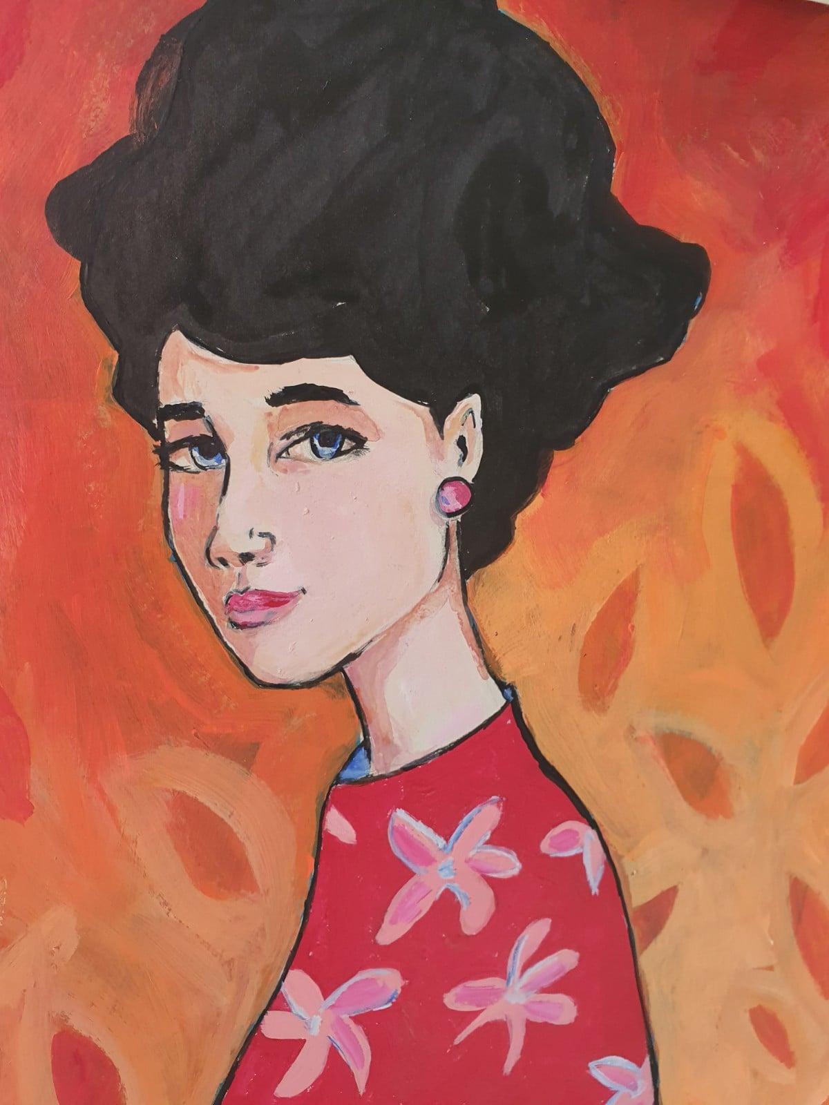 fire girl A3 Kunstprint – Vurig Vrouwenportret in Rode Tinten | Acryl Schilderij met Bloemenmotief