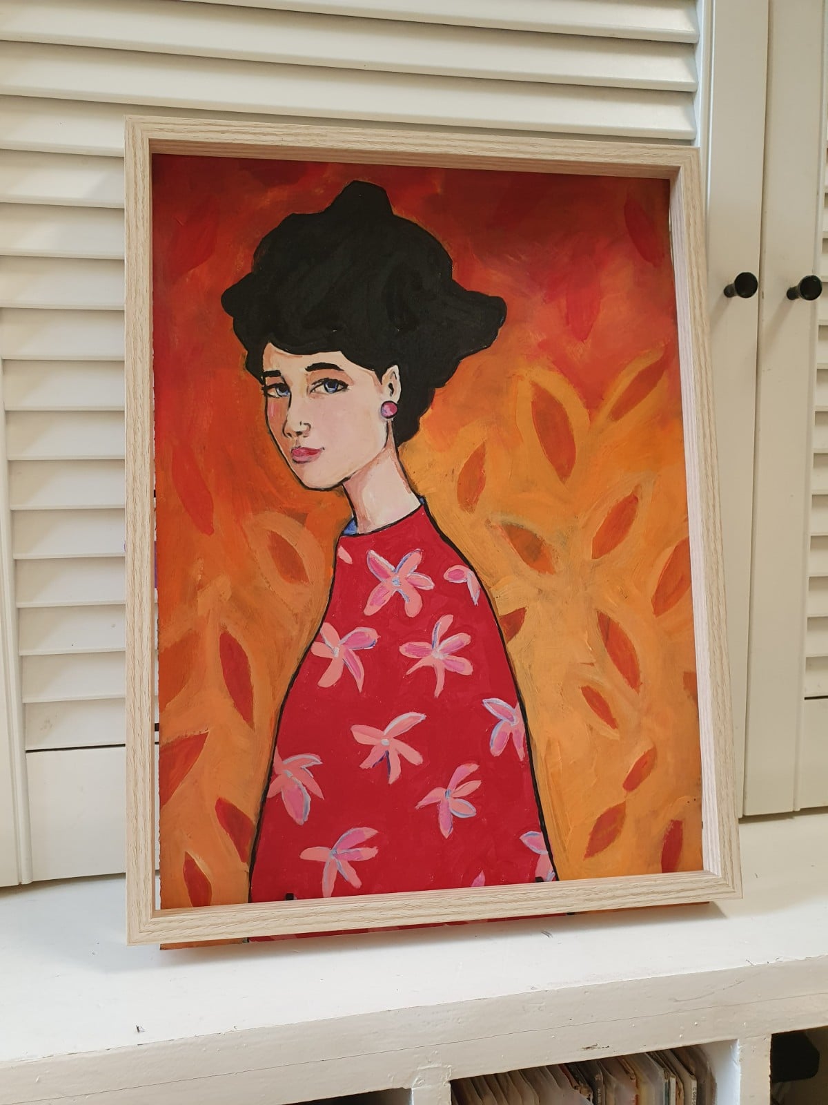 fire girl A3 Kunstprint – Vurig Vrouwenportret in Rode Tinten | Acryl Schilderij met Bloemenmotief