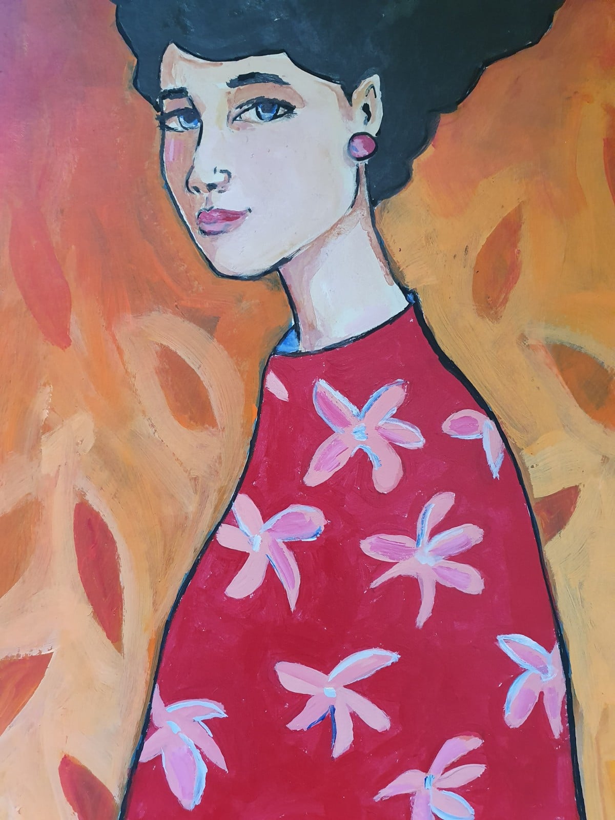 fire girl A3 Kunstprint – Vurig Vrouwenportret in Rode Tinten | Acryl Schilderij met Bloemenmotief