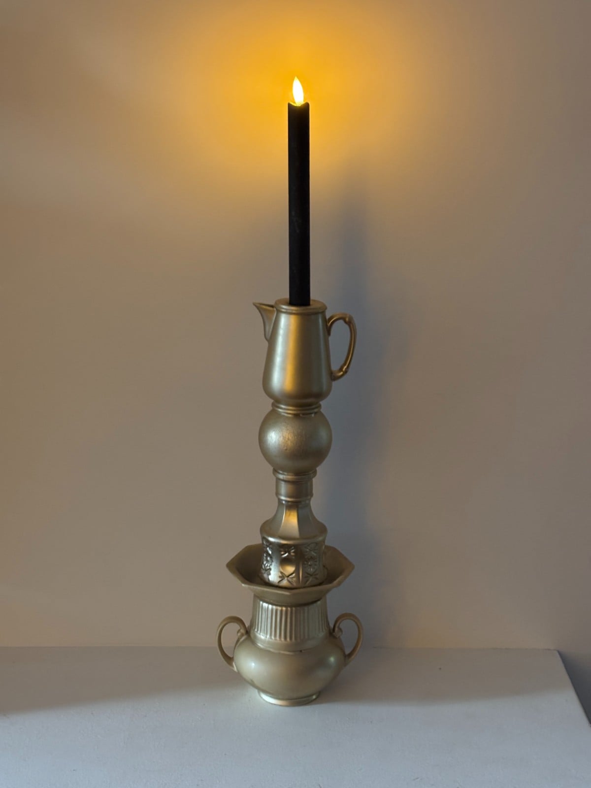 Kandelaar, kerst, kaarshouder, kaarsenhouder, handgemaakt, goudkleur, kaarsen, kringloop