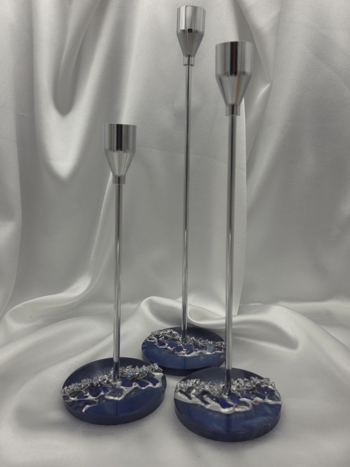 kandelaars epoxy en glas - set van 3 zilver en blauw - 107016 kandelaars epoxy en glas - set van 3 zilver en blauw