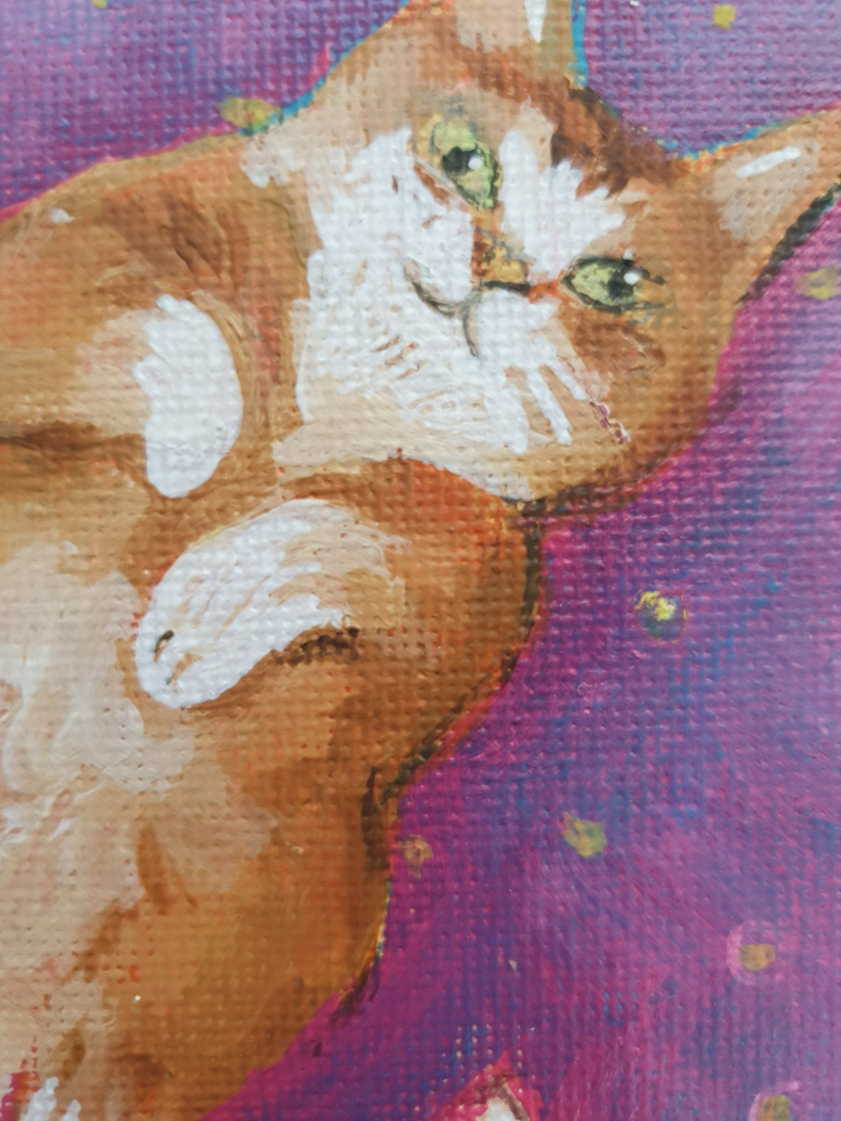 katje paars. Rode kater. Mini schilderij. Acryl op canvas origineel uniek. Kattenliefhebbers. Kattenkunst. Klein schilderij van poes. Lief