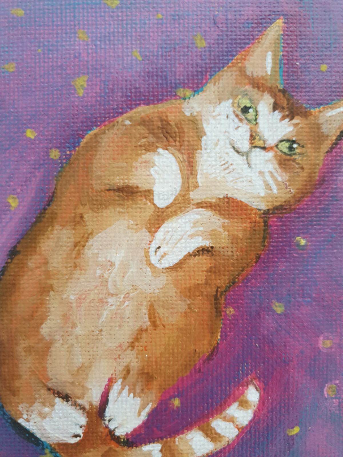 katje paars. Rode kater. Mini schilderij. Acryl op canvas origineel uniek. Kattenliefhebbers. Kattenkunst. Klein schilderij van poes. Lief