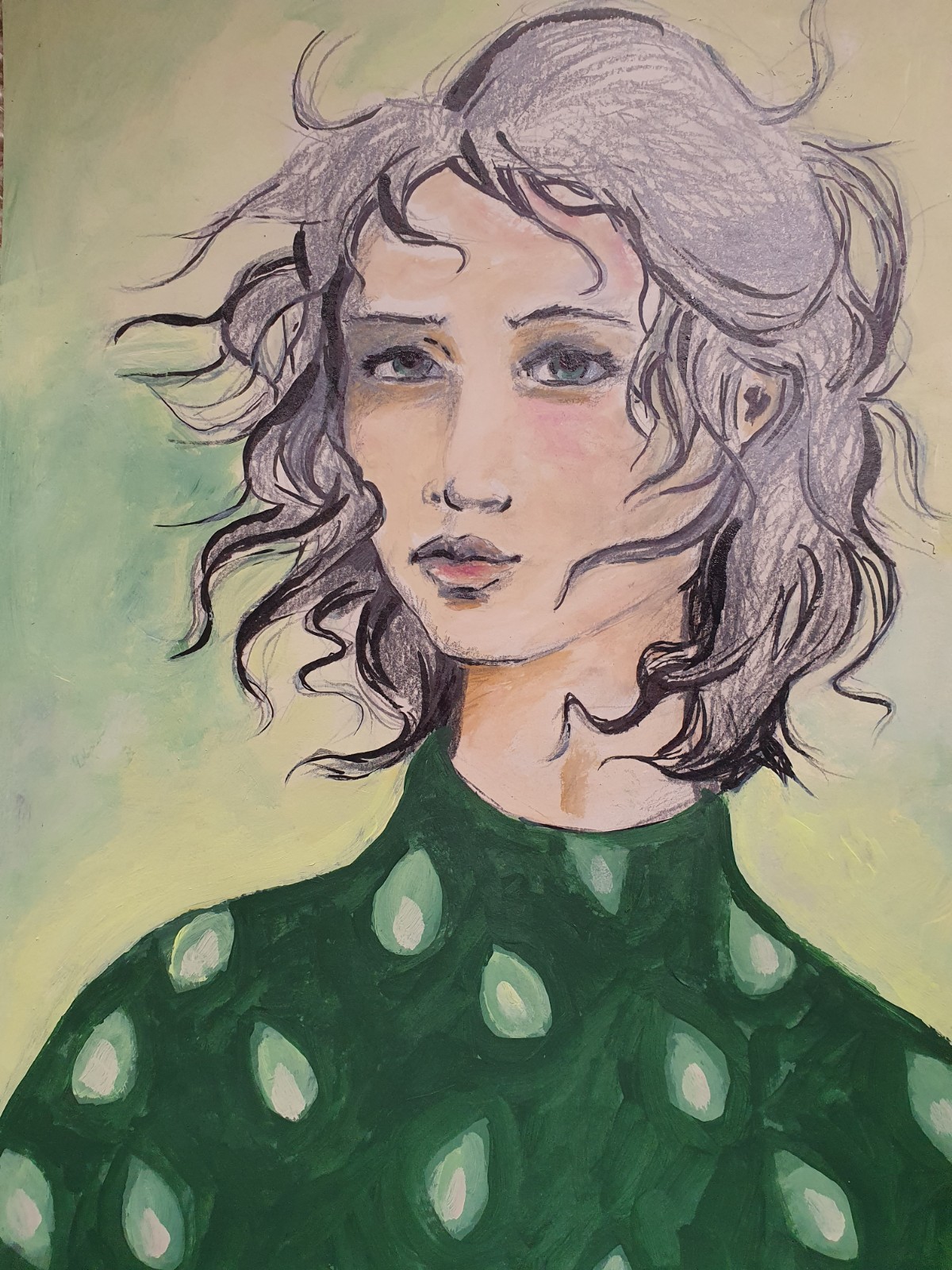 mixed media, kunstprint – vrouwenportret in groentinten – intense blik – haren in de wind – krachtige maar kwetsbare vrouw – uniek handgemaakt kunstwerk