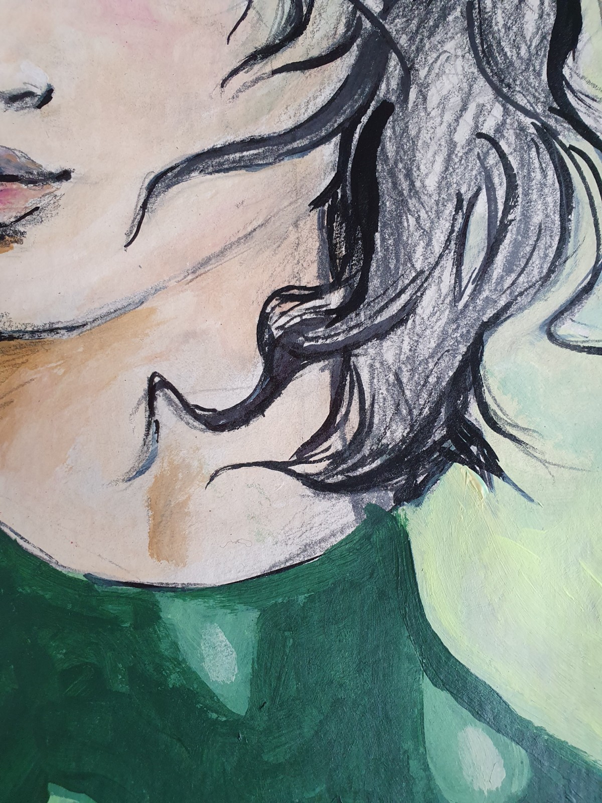 mixed media, kunstprint – vrouwenportret in groentinten – intense blik – haren in de wind – krachtige maar kwetsbare vrouw – uniek handgemaakt kunstwerk