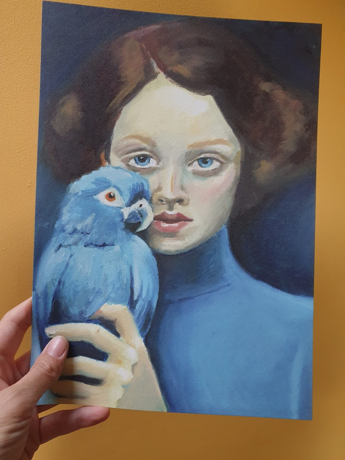 Uniek Kunstportret – Vrouw met Papegaai | Blauwe Tinten