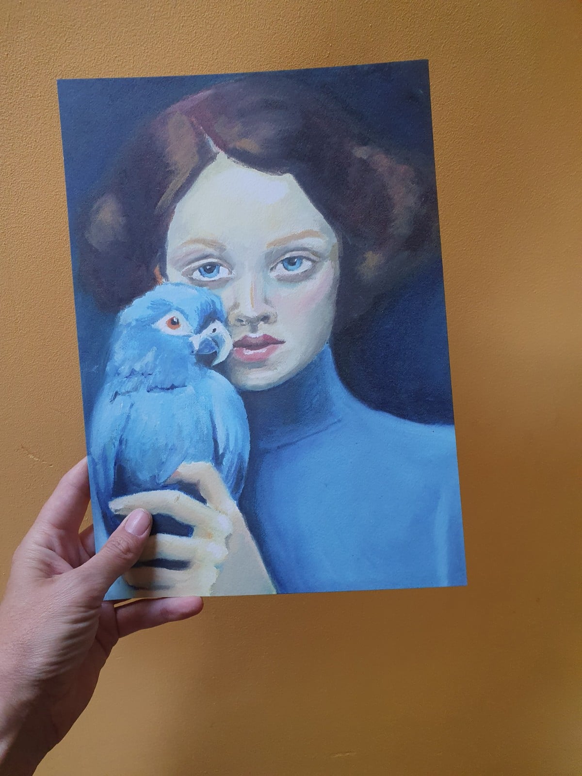 Uniek Kunstportret – Vrouw met Papegaai | Blauwe Tinten