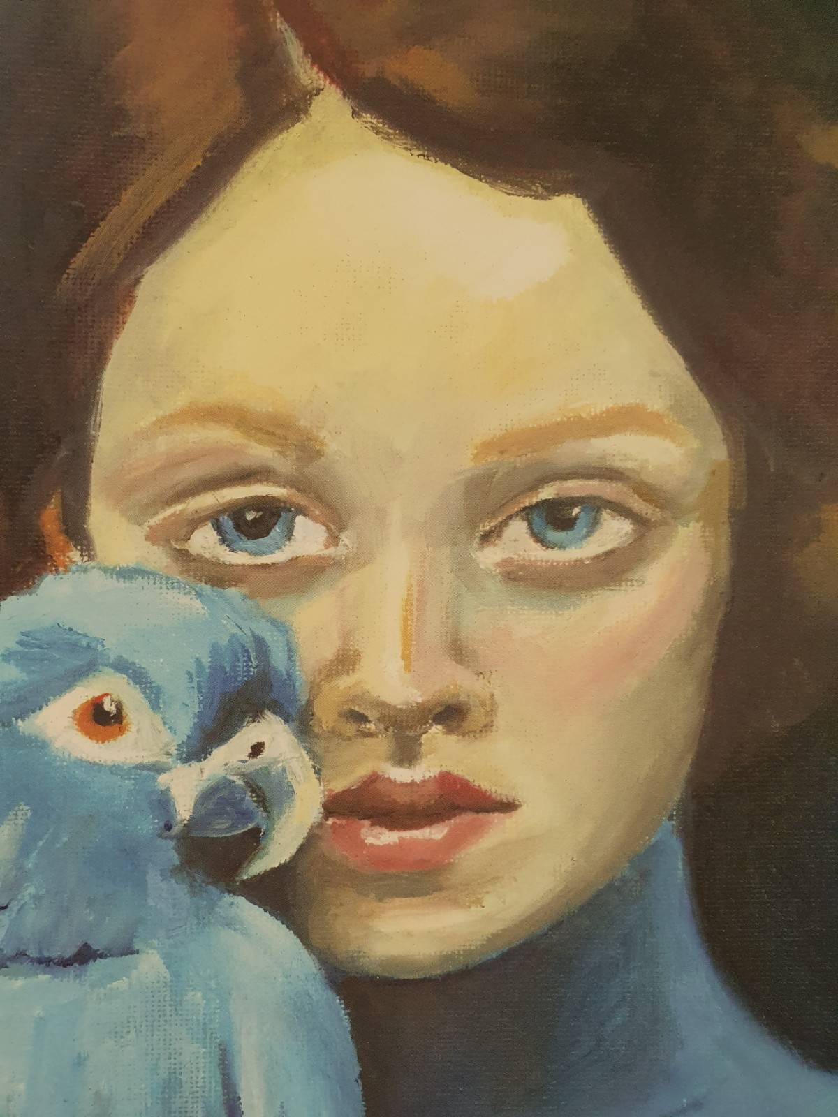 Uniek Kunstportret – Vrouw met Papegaai | Blauwe Tinten