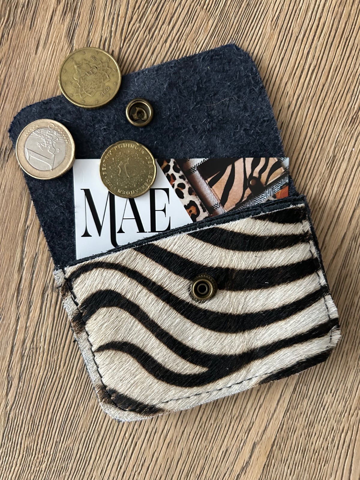 Leren pasjeshouder/ portemonnee met zebraprint, 3 vakken.