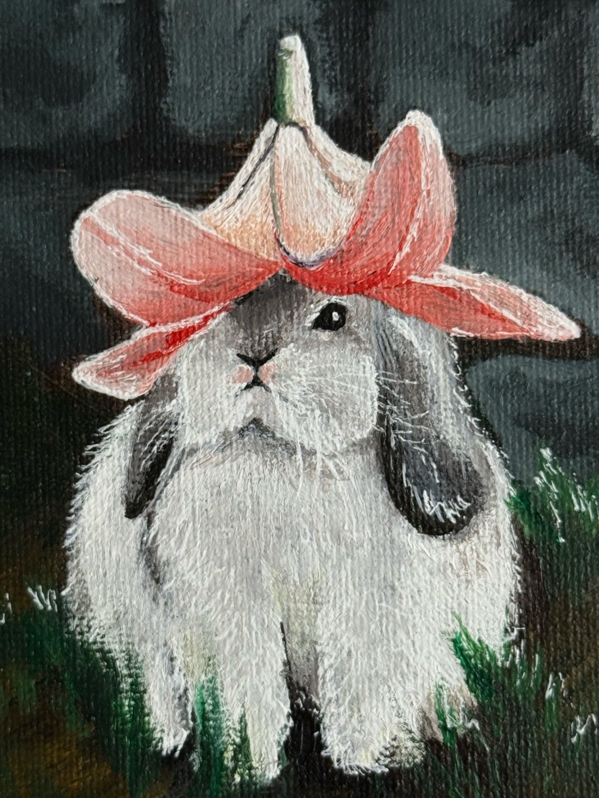 Cottagecore schilderij konijn ‘Lily Hat’ – 7x7 cm – origineel acryl op canvas – vintage stijl