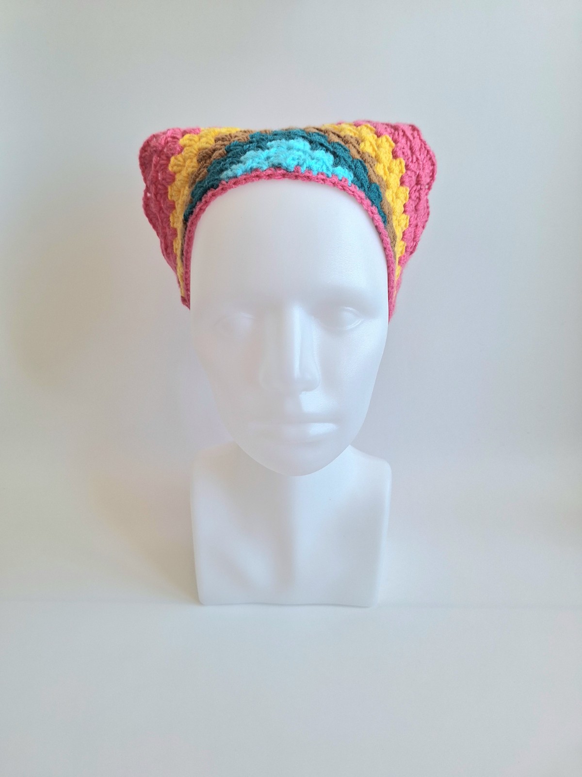 Gehaakte bandana | Turquoise, petrol, lichtbruin, geel en knalroze