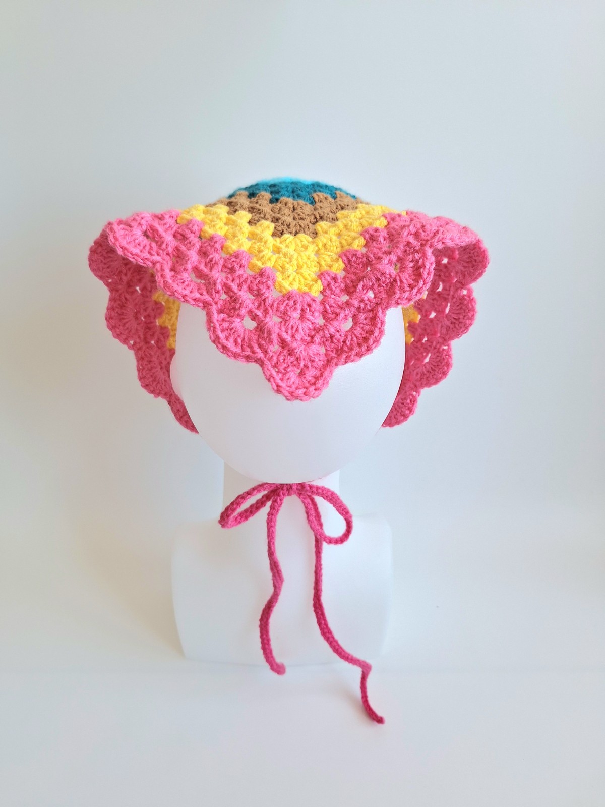 Gehaakte bandana | Turquoise, petrol, lichtbruin, geel en knalroze