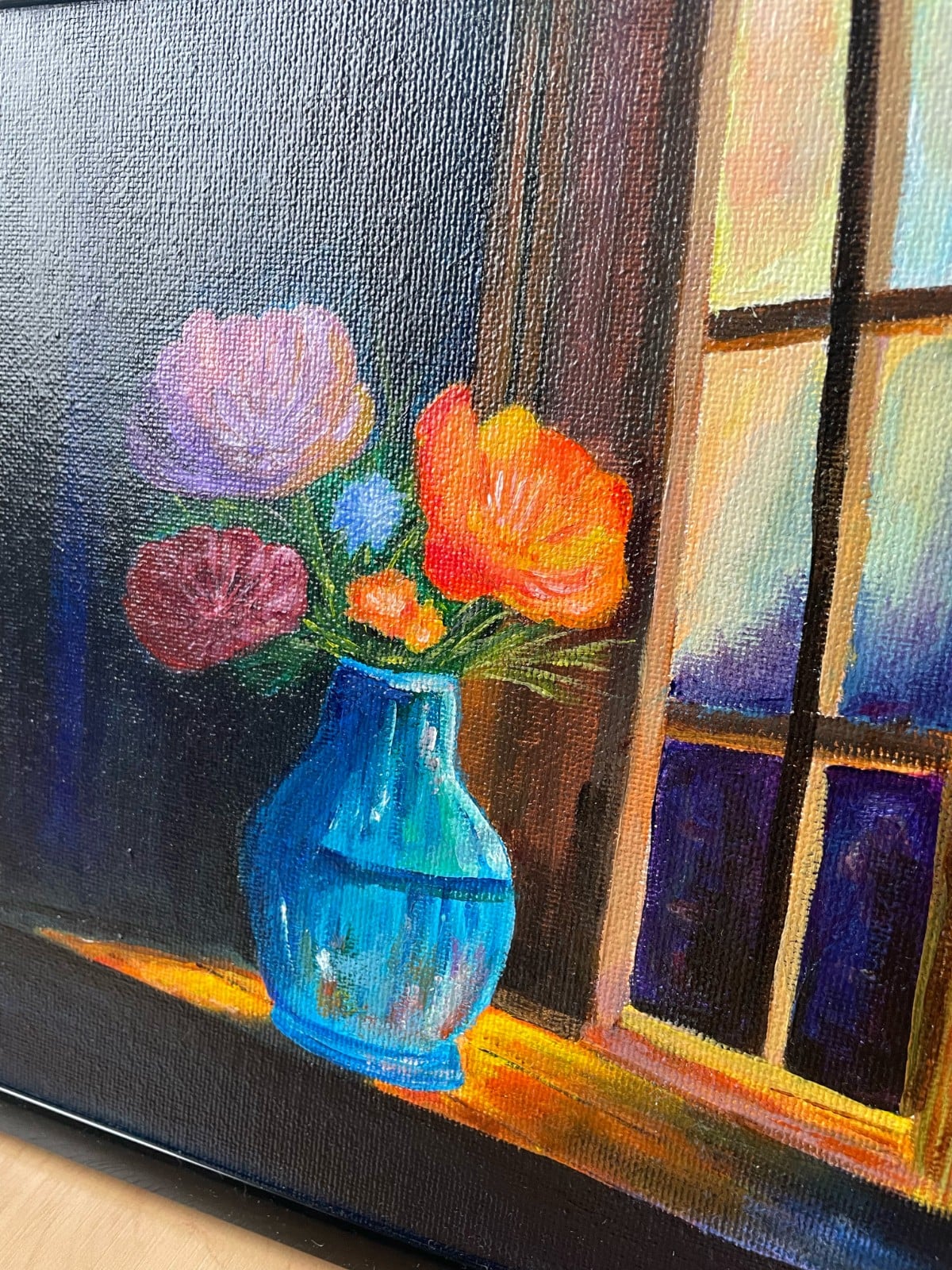 Handgeschilderd canvaspaneel 20x20 cm met lijst – Blauwe vaas met b… - 119036 Handgeschilderd canvaspaneel 20x20 cm met lijst – Blauwe vaas met bloemen | Uniek schilderij