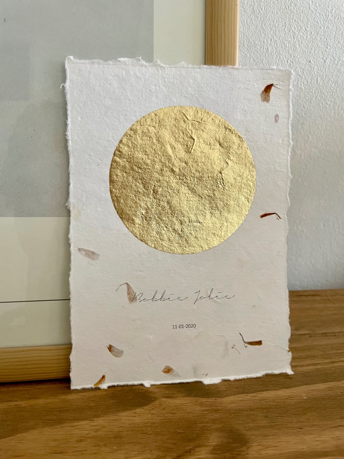 Maanstandportret met gouden bladmetaal - A4 of A5 handgeschept bloeme… - 122377 Maanstandportret geboorte, met gouden bladmetaal - A4 of A5 handgeschept bloemenpapier