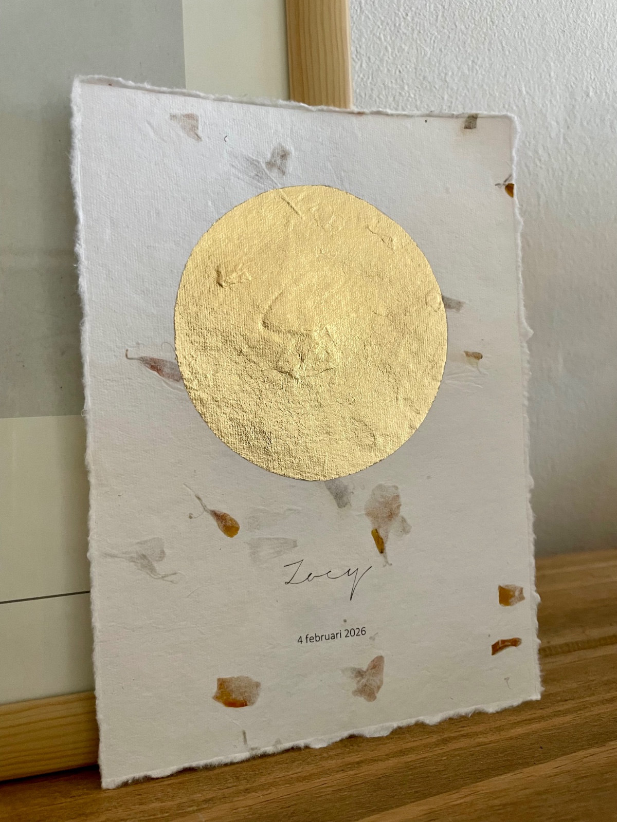 Maanstandportret met gouden bladmetaal - A4 of A5 handgeschept bloeme… - 122378 Maanstandportret geboorte, met gouden bladmetaal - A4 of A5 handgeschept bloemenpapier