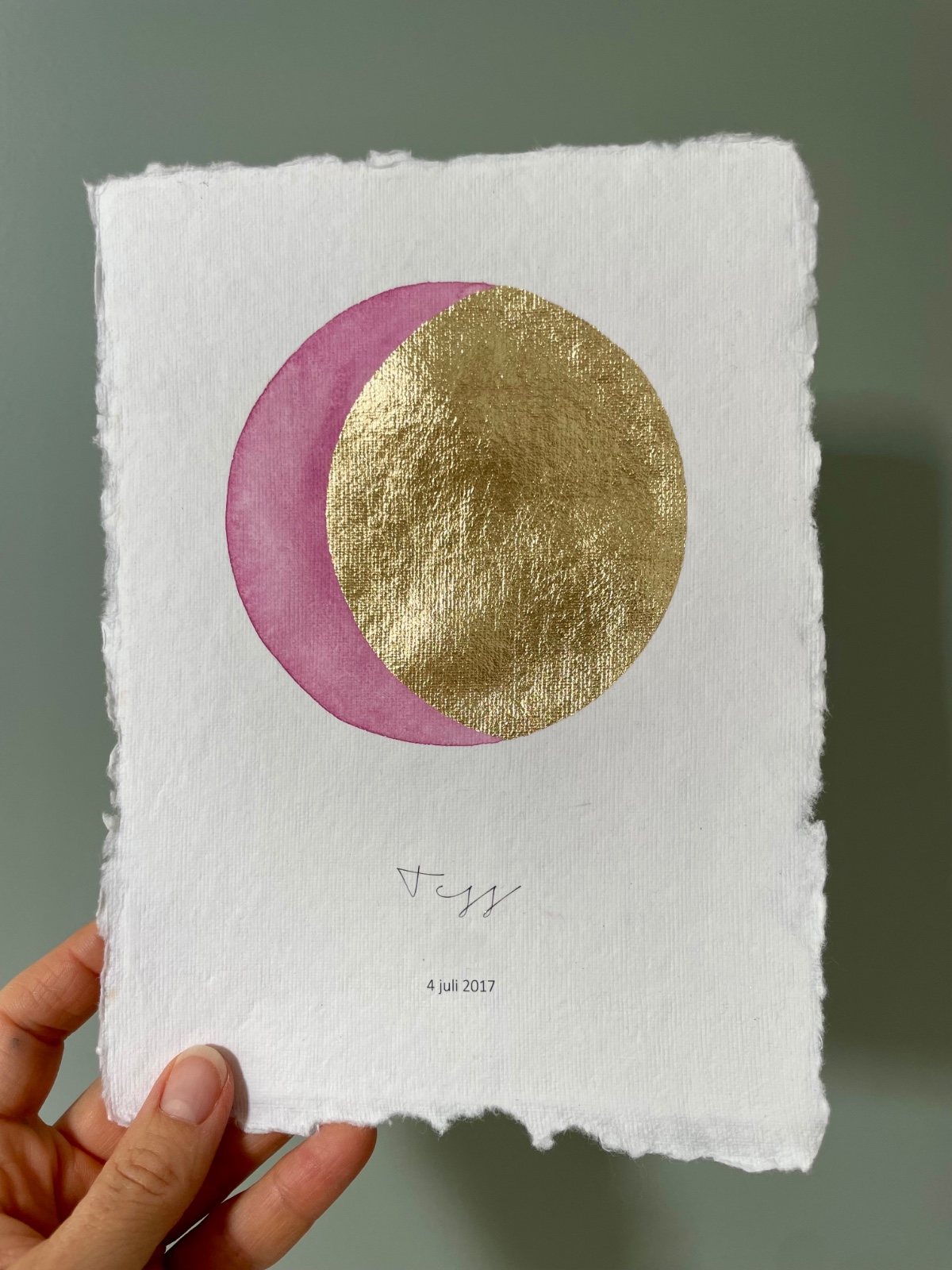 Maanstandportret met gouden bladmetaal en aquarelverf - A4 of A5 hand… - 121759 Maanstandportret geboorte, met gouden bladmetaal en aquarelverf - A4 of A5 handgeschept papier