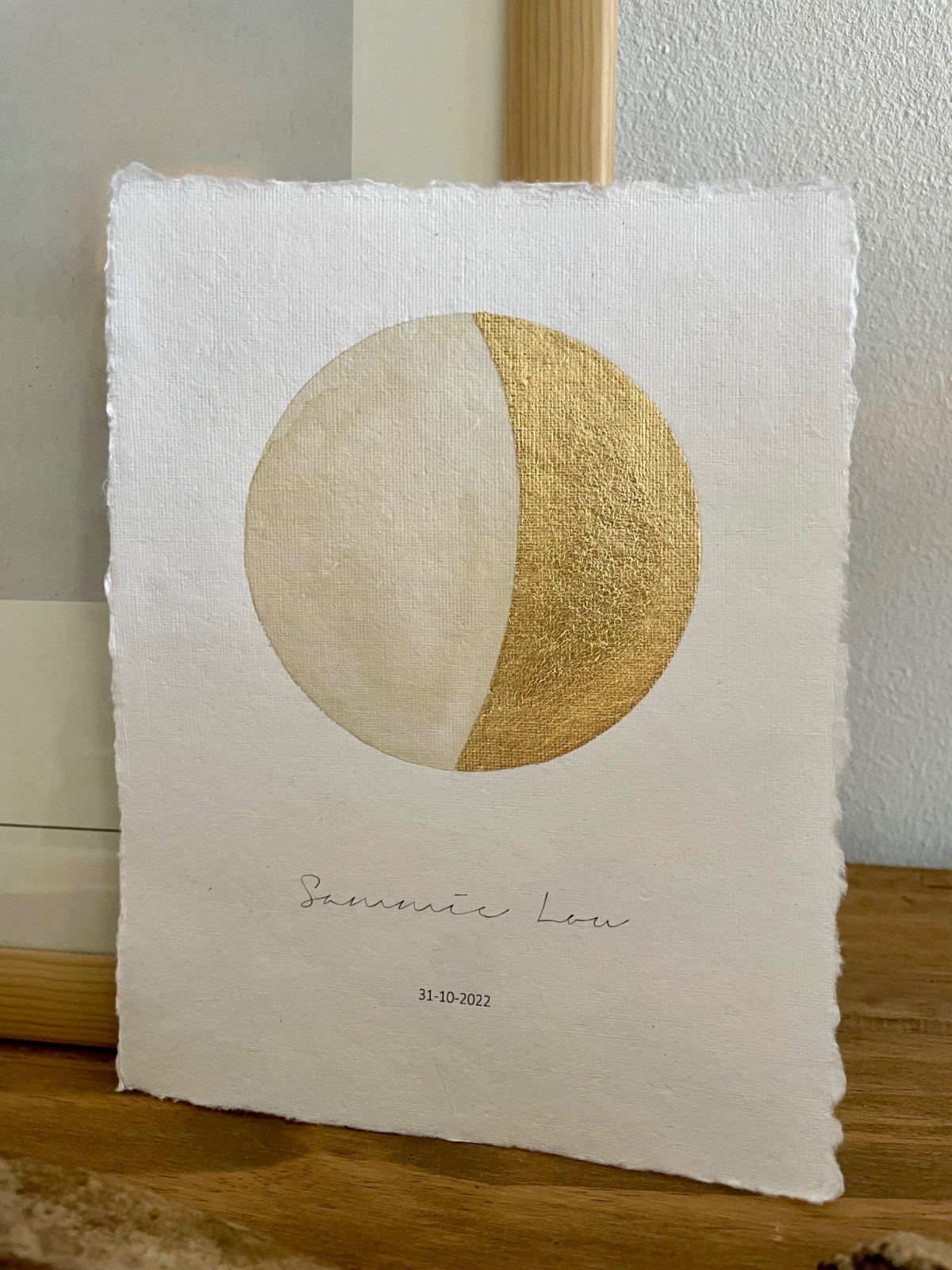 Maanstandportret met gouden bladmetaal en aquarelverf - A4 of A5 hand… - 121760 Maanstandportret geboorte, met gouden bladmetaal en aquarelverf - A4 of A5 handgeschept papier