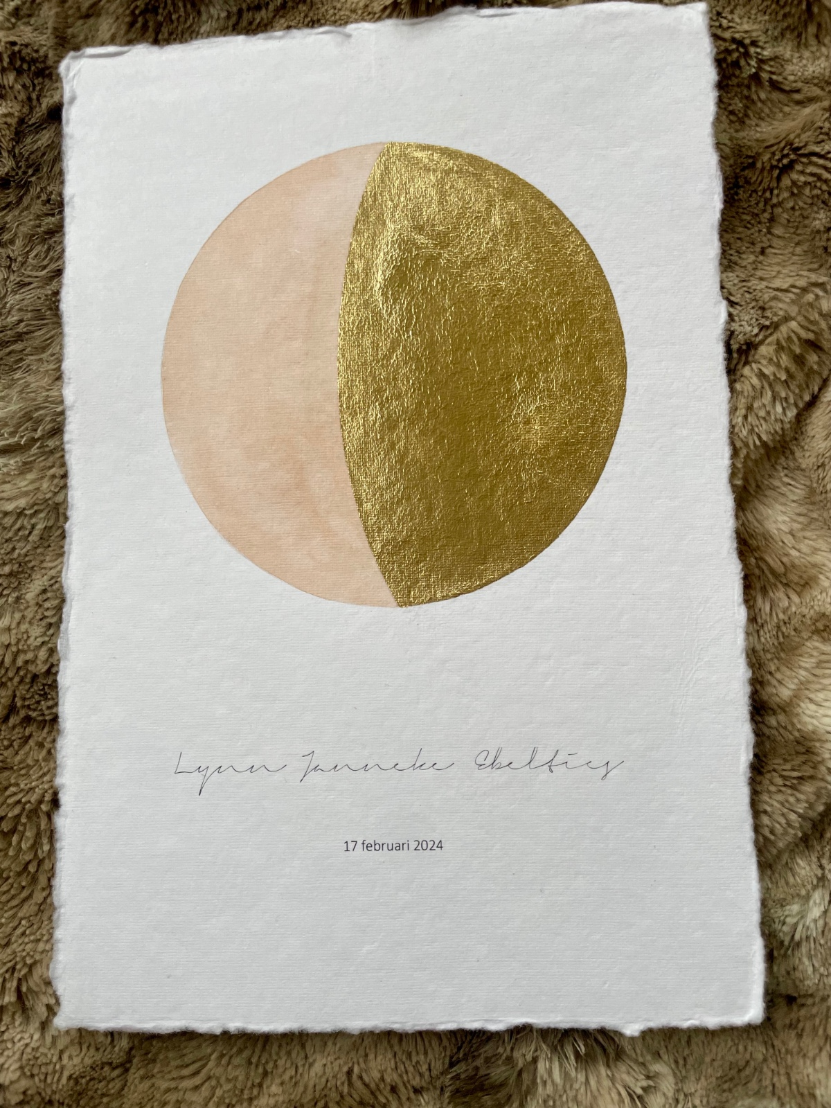 Maanstandportret met gouden bladmetaal en aquarelverf - A4 of A5 hand… - 121763 Maanstandportret geboorte, met gouden bladmetaal en aquarelverf - A4 of A5 handgeschept papier