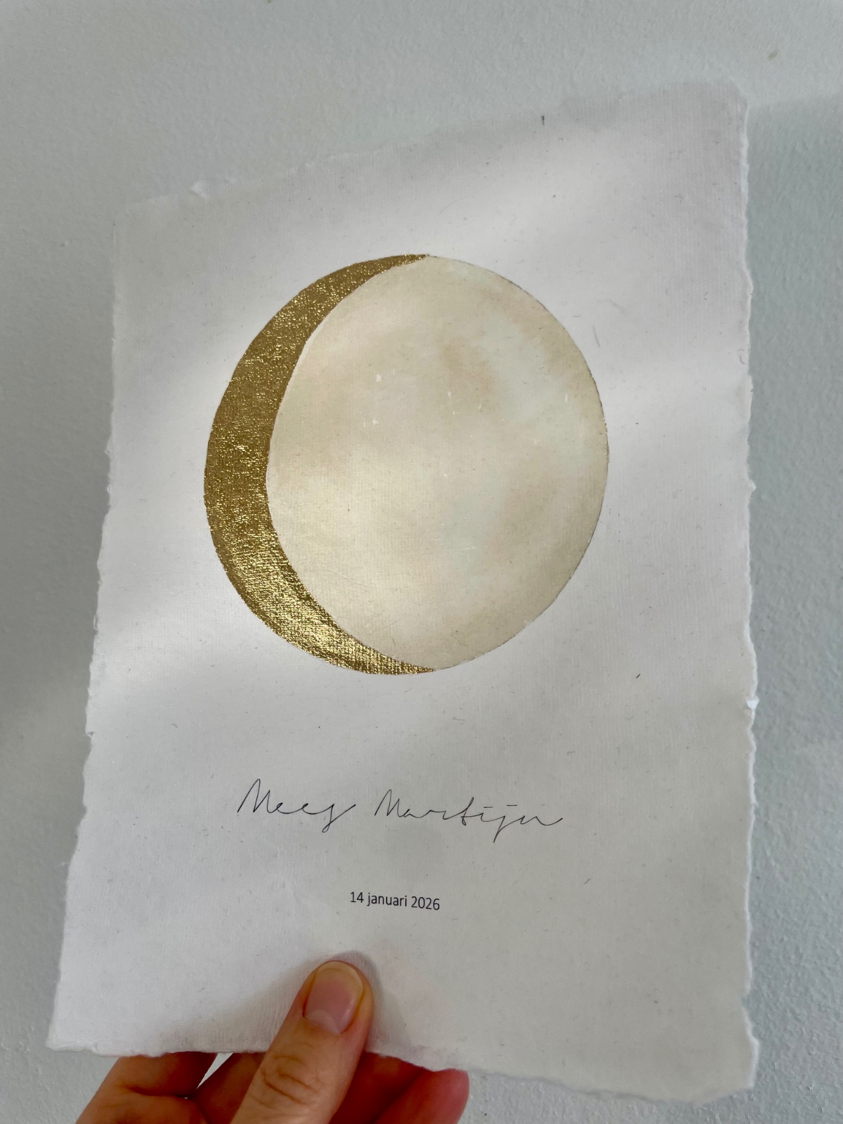 Maanstandportret met gouden bladmetaal en aquarelverf - A4 of A5 hand… - 121764 Maanstandportret geboorte, met gouden bladmetaal en aquarelverf - A4 of A5 handgeschept papier