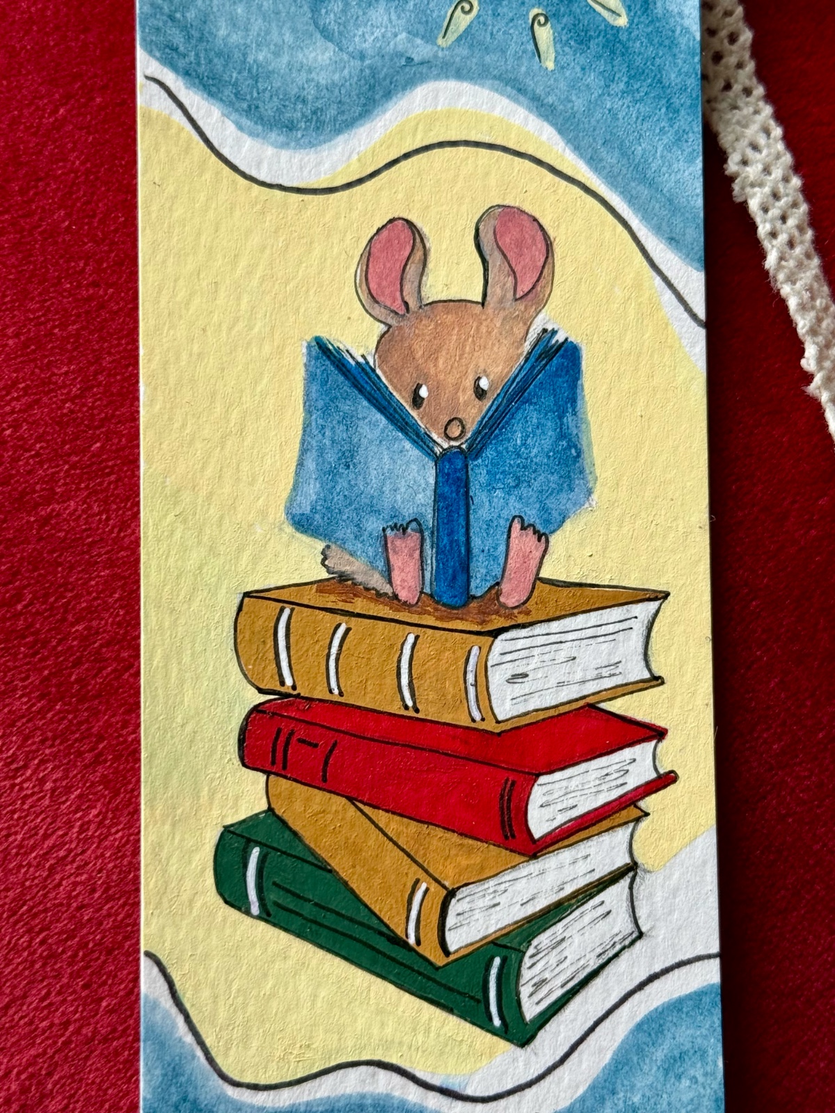 Boekenlegger ‘Boekenworm’ – handgemaakt met acrylverf – schattige boekenlegger met muis