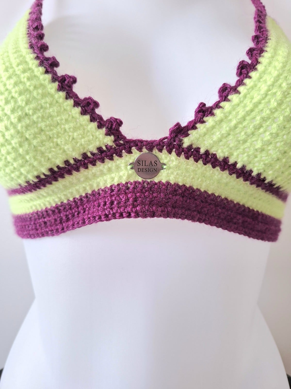 Gehaakt topje | Limegroen en aubergine paars