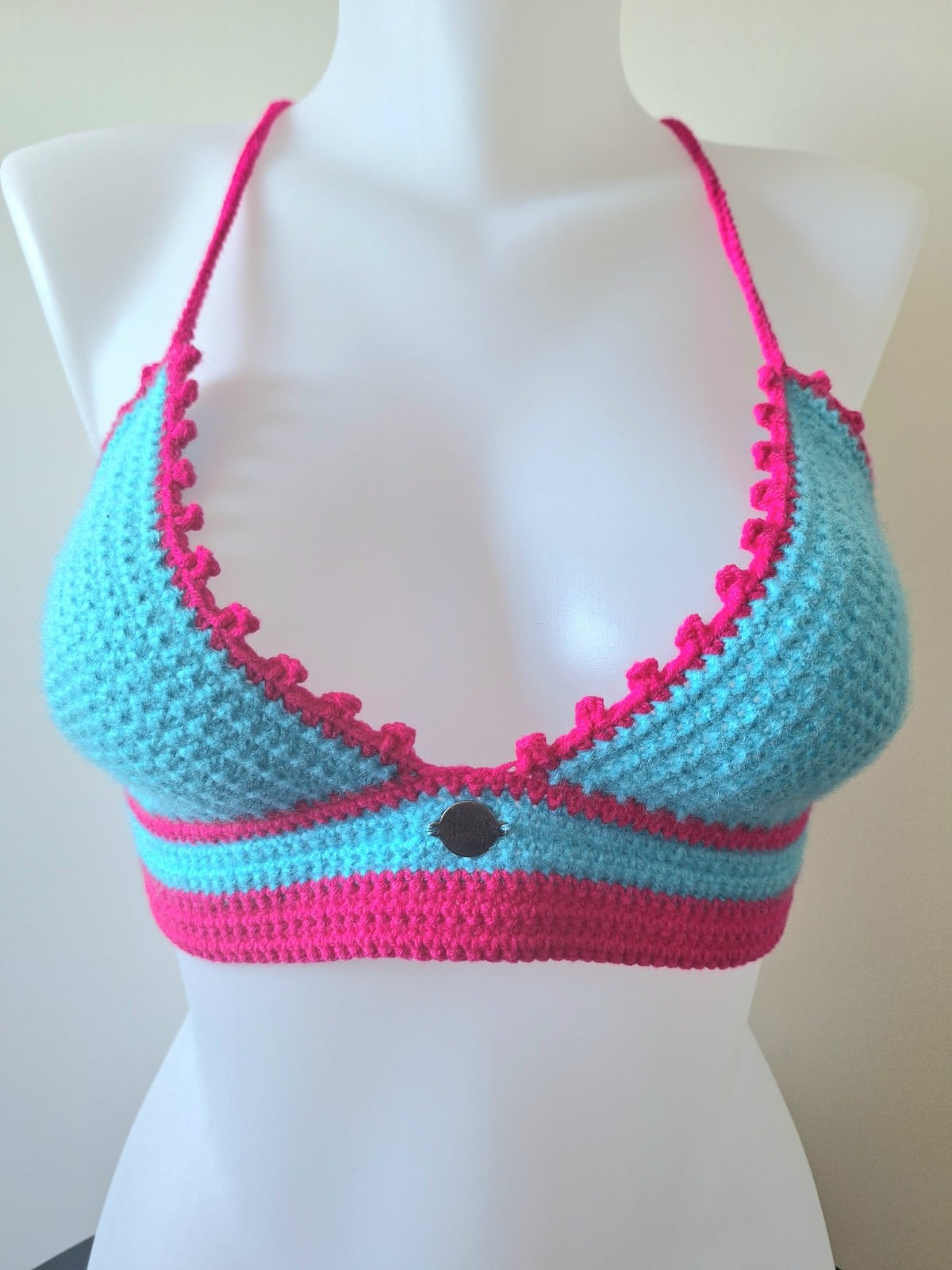 Gehaakt topje | Turquoise en knalroze