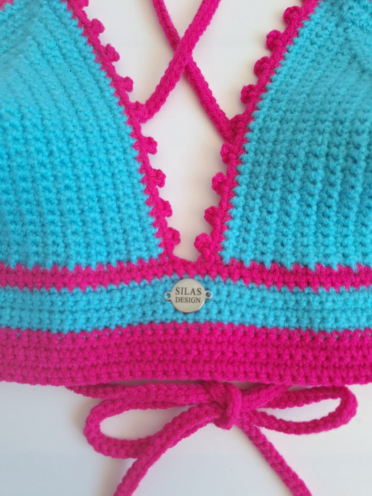 Gehaakt topje | Turquoise en knalroze