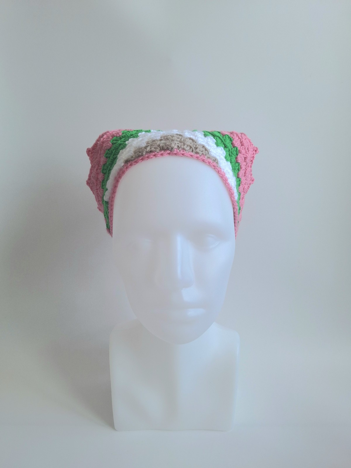 Gehaakte bandana | Beige, wit, groen en roze