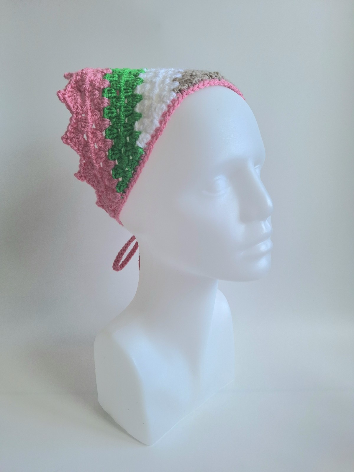 Gehaakte bandana | Beige, wit, groen en roze