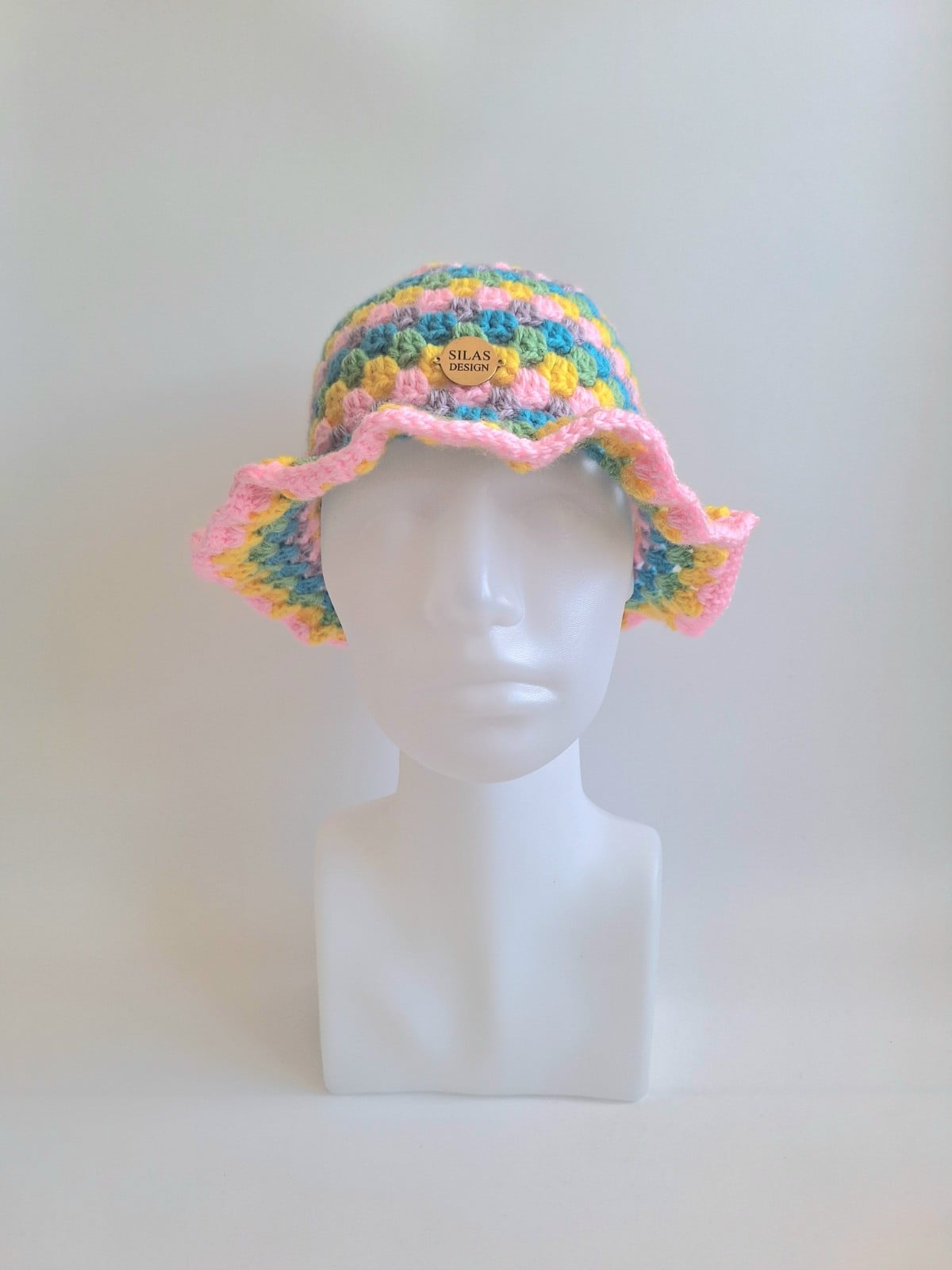 Gehaakte bucket hat | Lichtroze, geel, eucalypstus, turquoise en lila