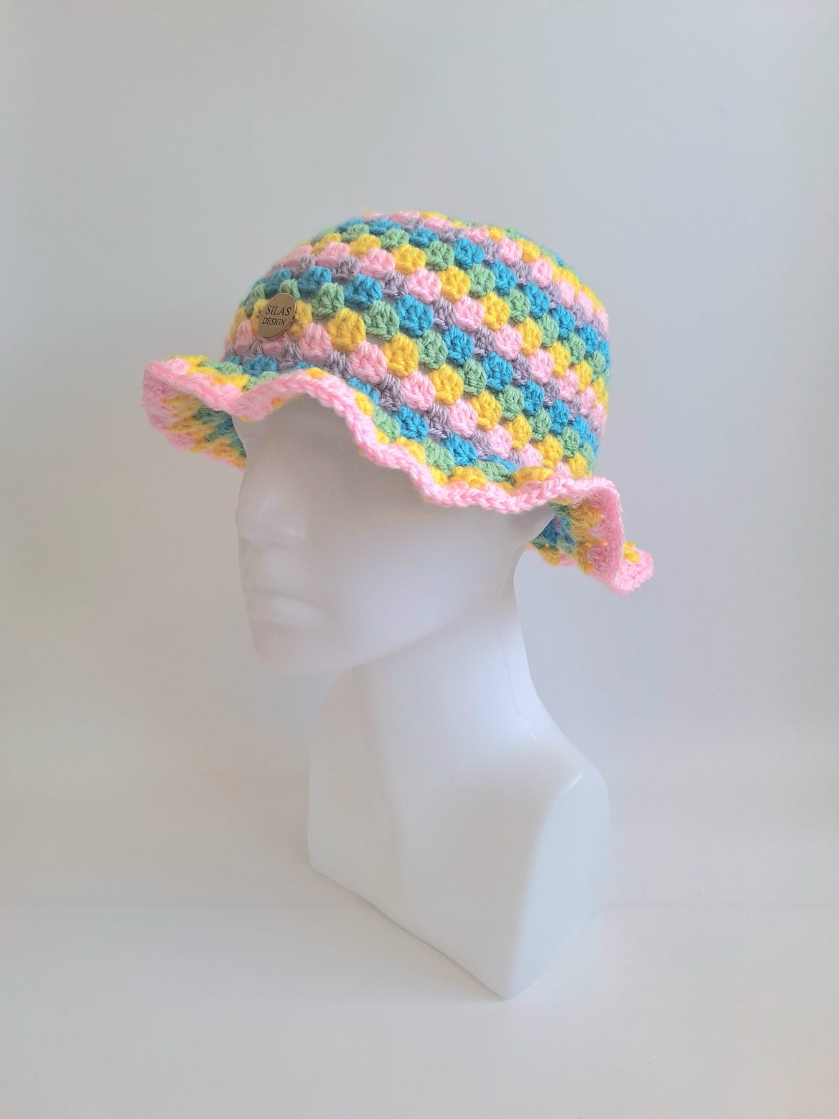 Gehaakte bucket hat | Lichtroze, geel, eucalypstus, turquoise en lila