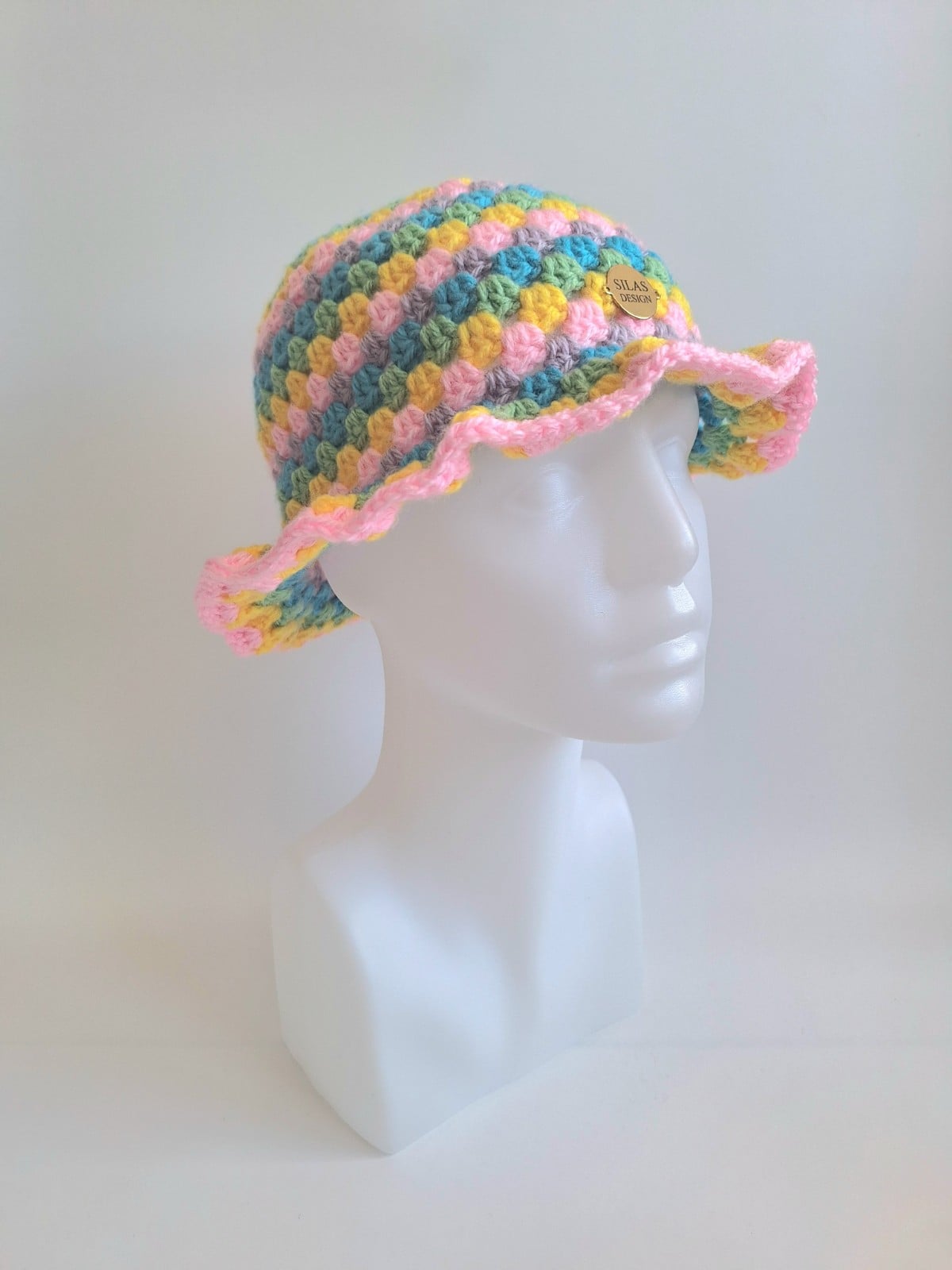 Gehaakte bucket hat | Lichtroze, geel, eucalypstus, turquoise en lila