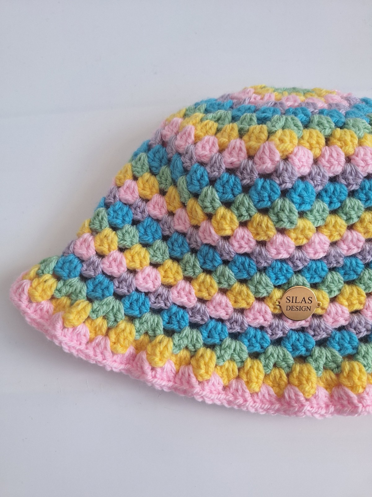 Gehaakte bucket hat | Lichtroze, geel, eucalypstus, turquoise en lila