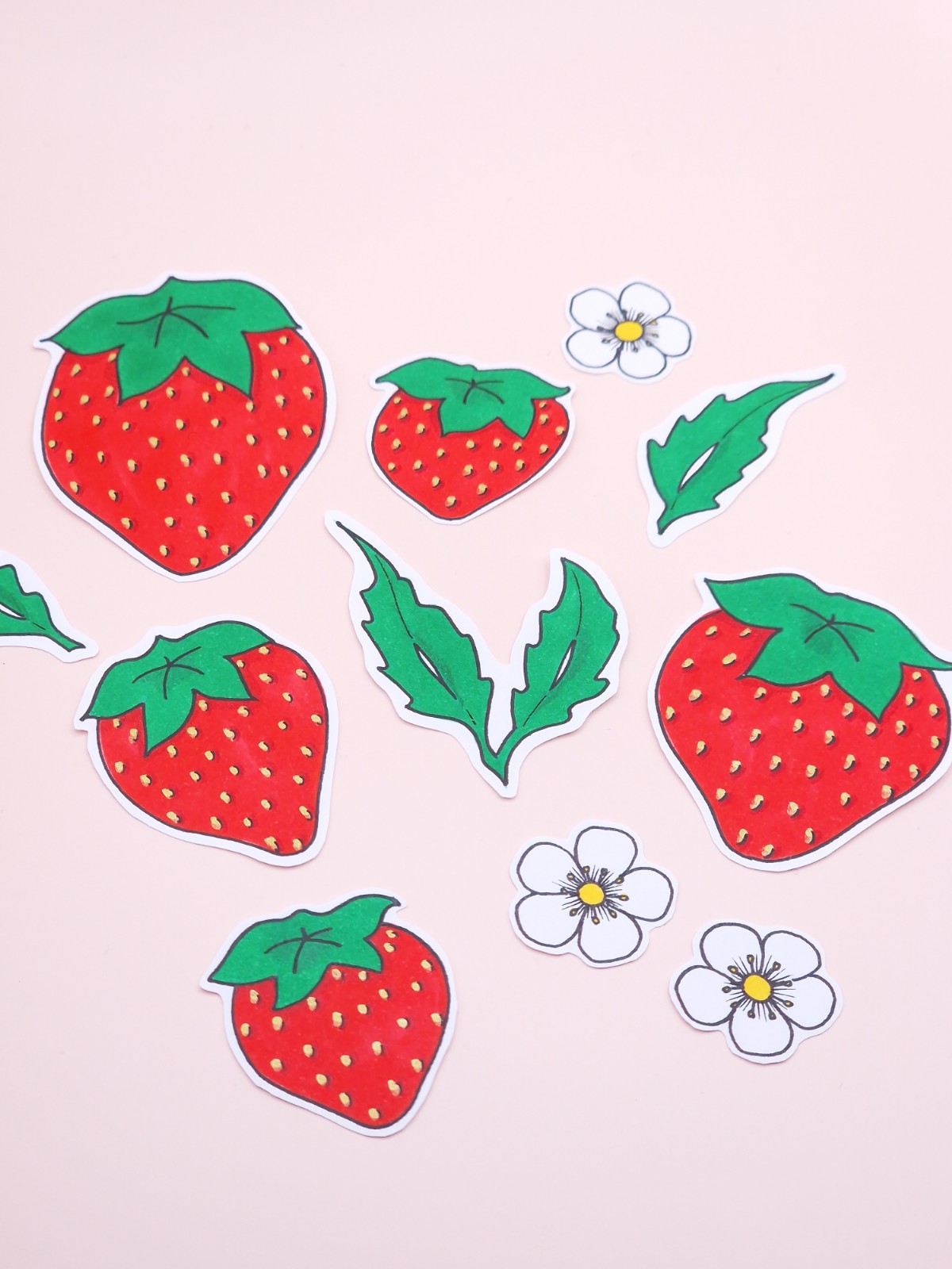 Hand getekende Sticker set, Aardbeien, Blaadjes en Bloemen, Groen Rood