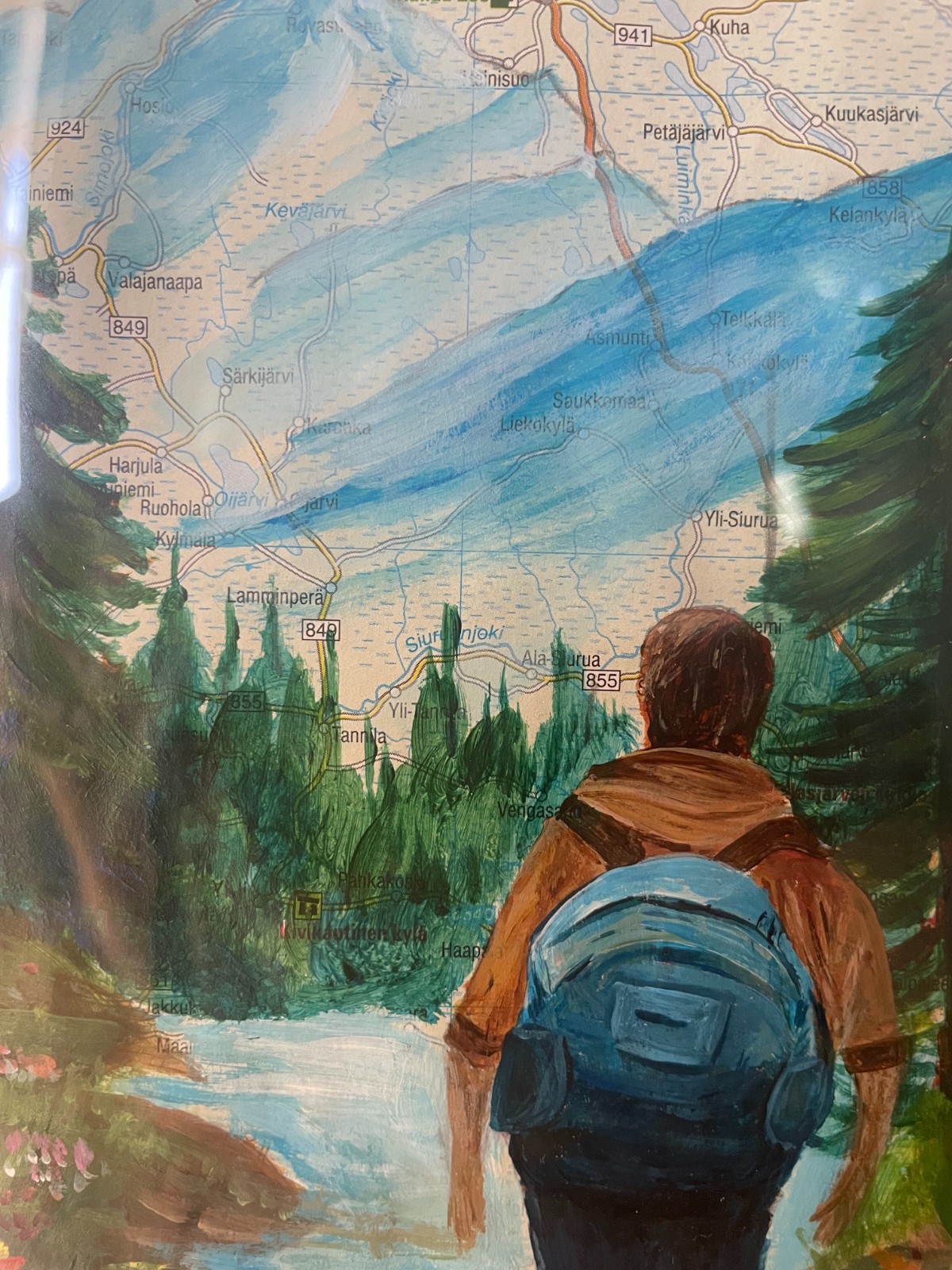 Handgeschilderd kunstwerk op kaart – Into the Forest – landschap met wandelaar, ingelijst (23 x 33 cm)