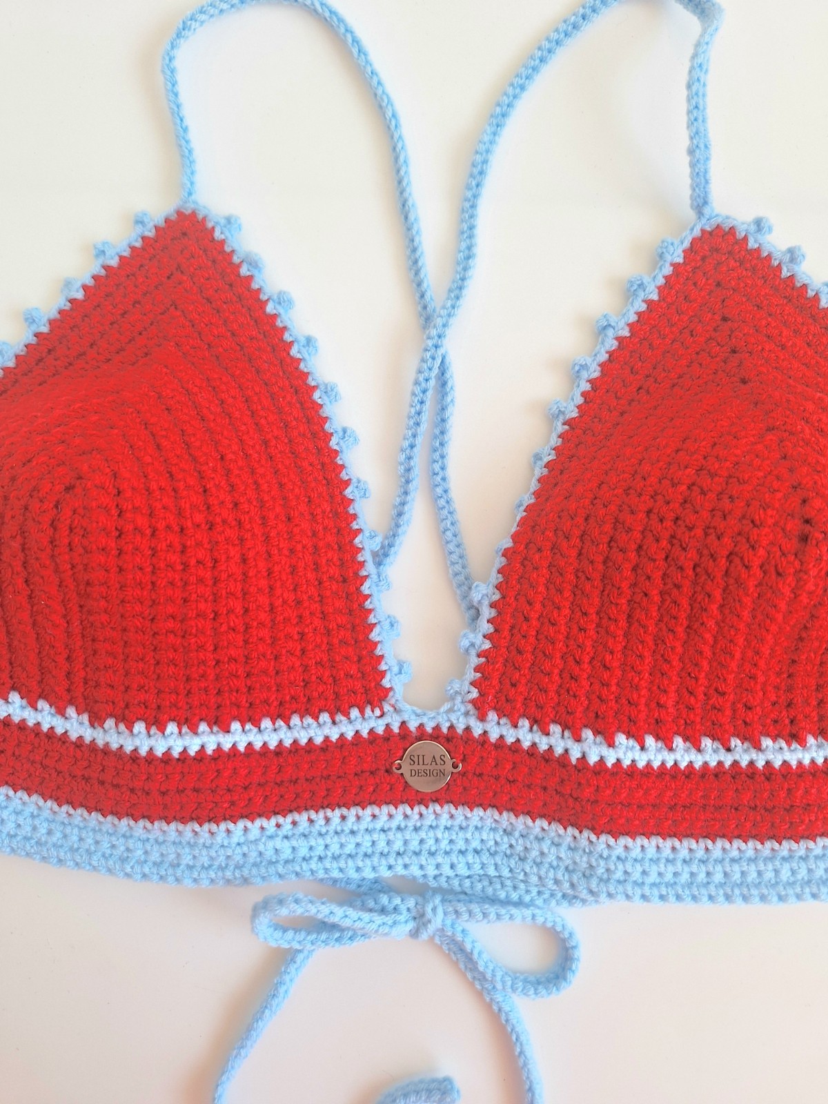 Gehaakt topje | Rood en lichtblauw - 135552 Gehaakt topje | Rood en lichtblauw