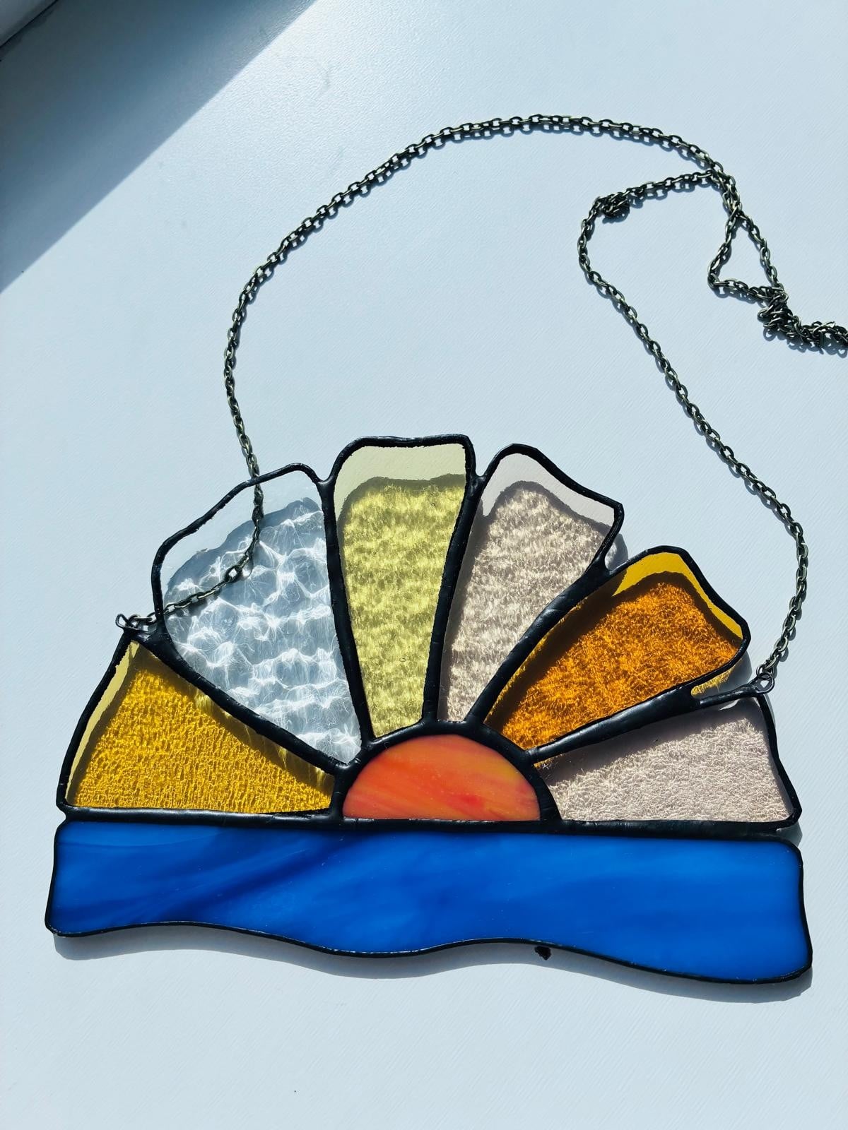 Handgemaakte Tiffany Glas-in-Lood Zons seeopgang Hanger - 132854 Handgemaakte Tiffany Glas-in-Lood Zonsopgang Raamhanger