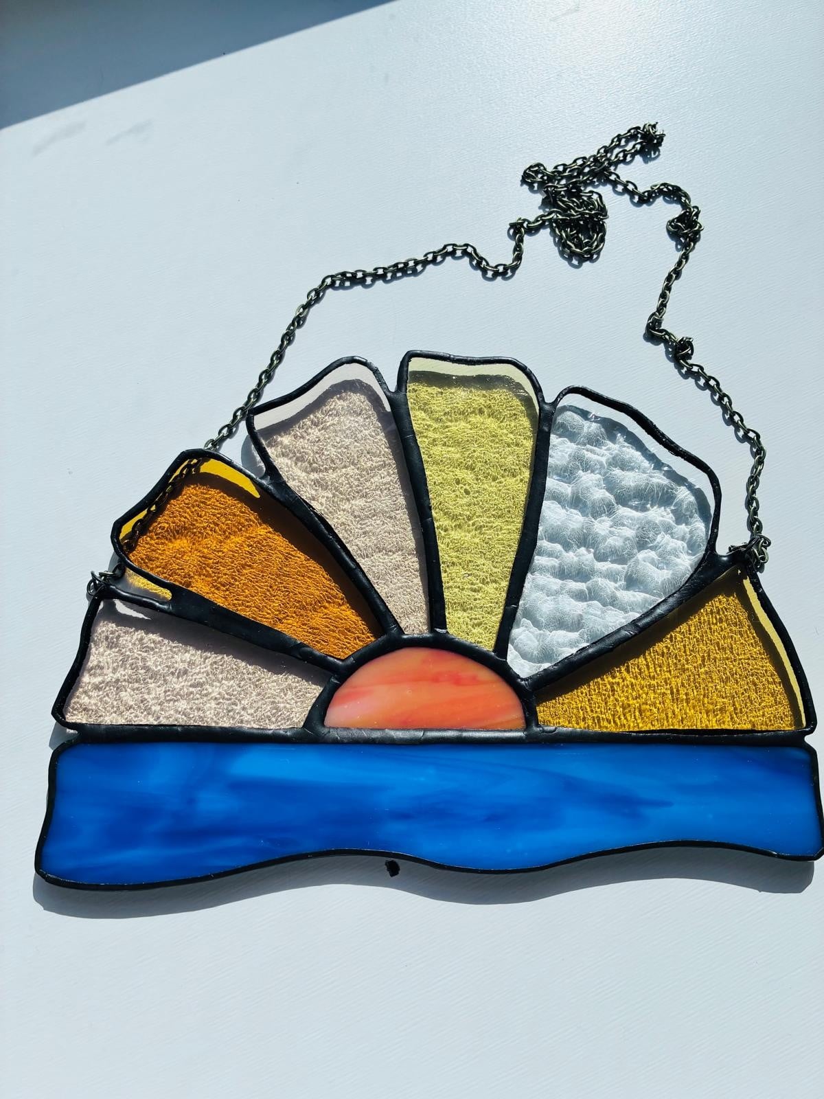 Handgemaakte Tiffany Glas-in-Lood Zons seeopgang Hanger - 132857 Handgemaakte Tiffany Glas-in-Lood Zonsopgang Raamhanger
