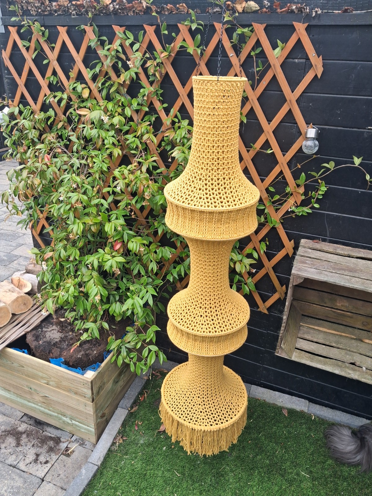 Decoratieve gehaakte lamp - 140305 Handgemaakte gehaakte hanglamp XL okergeel – Boho lampenkap van katoen met franjes